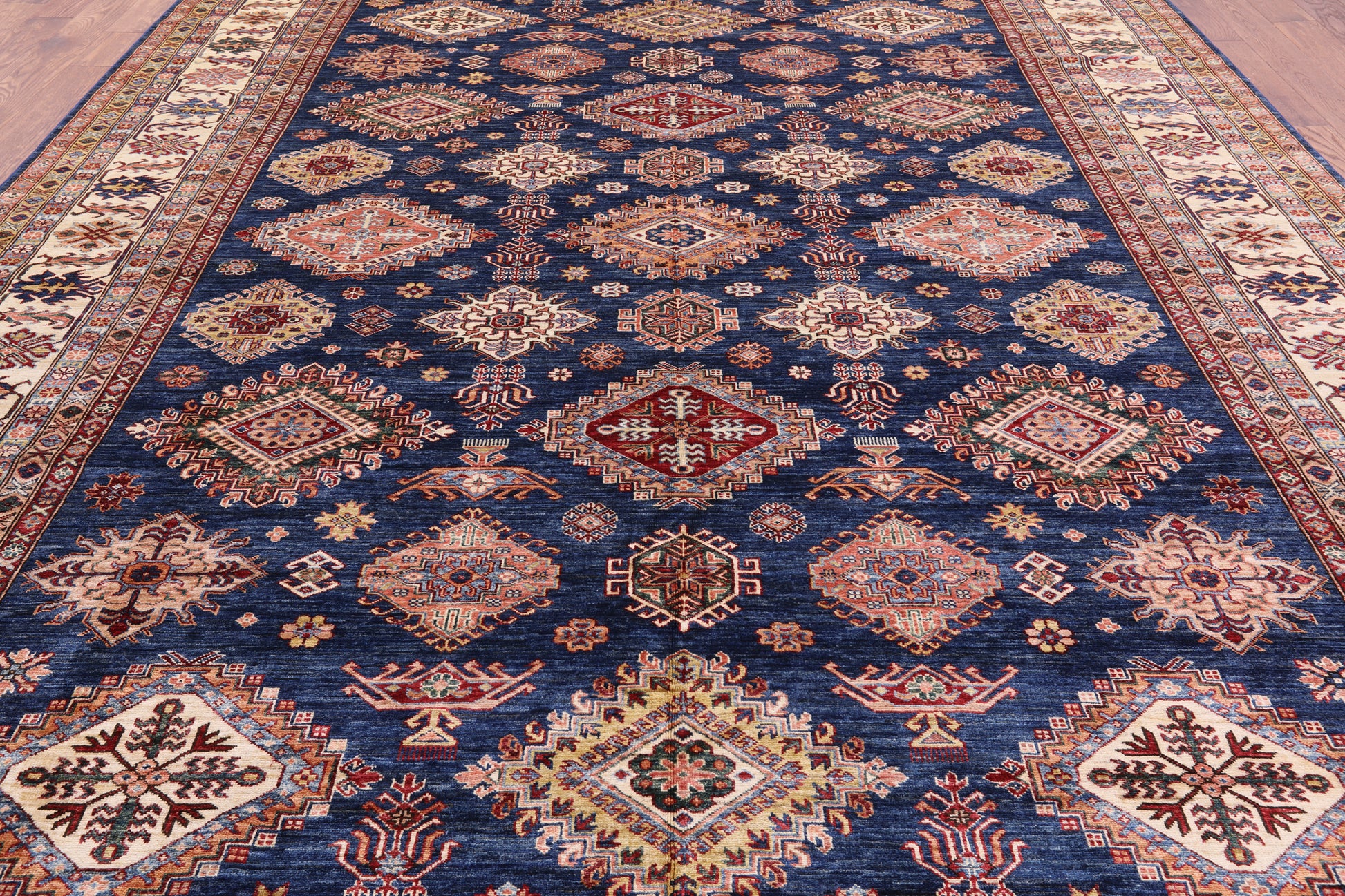 Blue Super Kazak Hand Knotted Wool Rug - 10' 1" X 13' 1" - Golden Nile