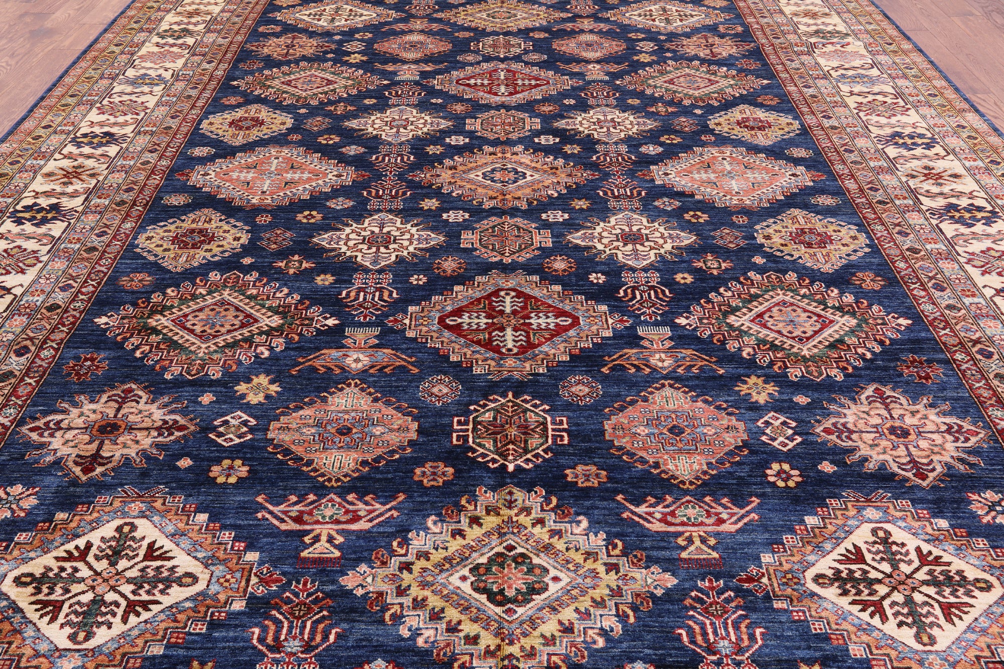 Blue Super Kazak Hand Knotted Wool Rug - 10' 1" X 13' 1" - Golden Nile