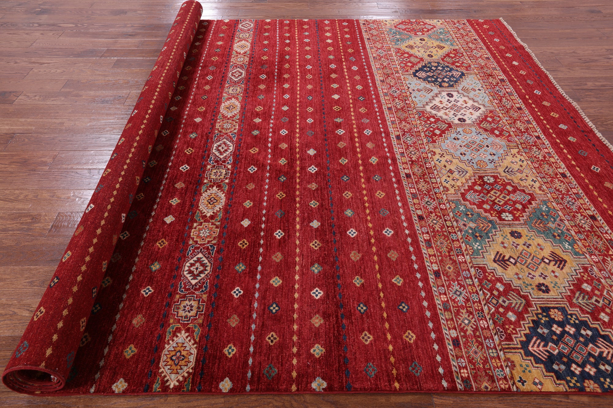 Red Khorjin Persian Gabbeh Hand Knotted Wool Rug - 8' 3" X 11' 4" - Golden Nile
