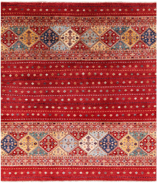 Red Tribal Khorjin Persian Gabbeh Hand Knotted Wool Rug - 8' 6" X 9' 8" - Golden Nile