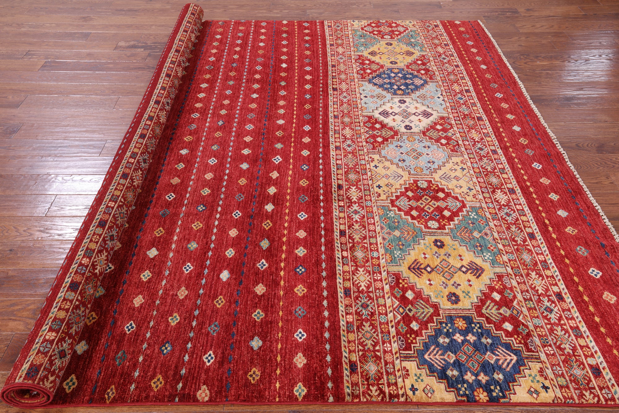Red Tribal Khorjin Persian Gabbeh Hand Knotted Wool Rug - 8' 6" X 9' 8" - Golden Nile