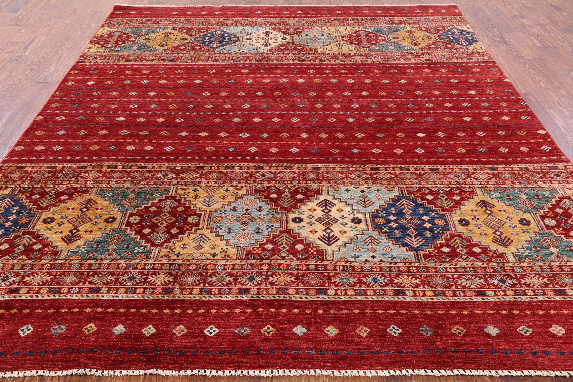 Red Tribal Khorjin Persian Gabbeh Hand Knotted Wool Rug - 8' 6" X 9' 8" - Golden Nile
