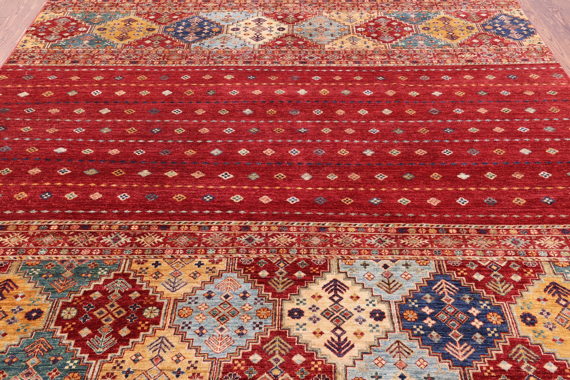 Red Tribal Khorjin Persian Gabbeh Hand Knotted Wool Rug - 8' 6" X 9' 8" - Golden Nile