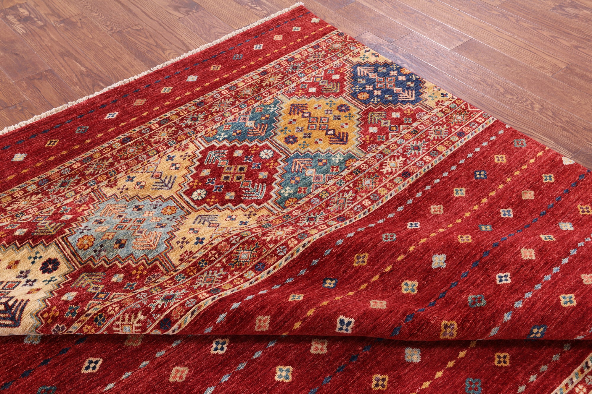 Red Tribal Khorjin Persian Gabbeh Hand Knotted Wool Rug - 8' 6" X 9' 8" - Golden Nile