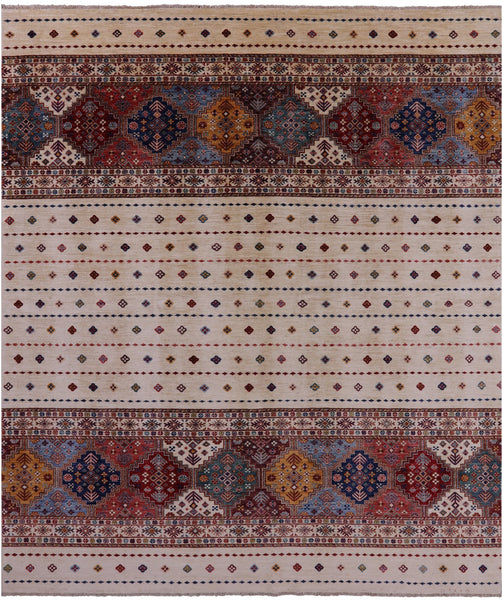 Ivory Khorjin Persian Gabbeh Handmade Wool Rug - 8' 1" X 9' 7" - Golden Nile