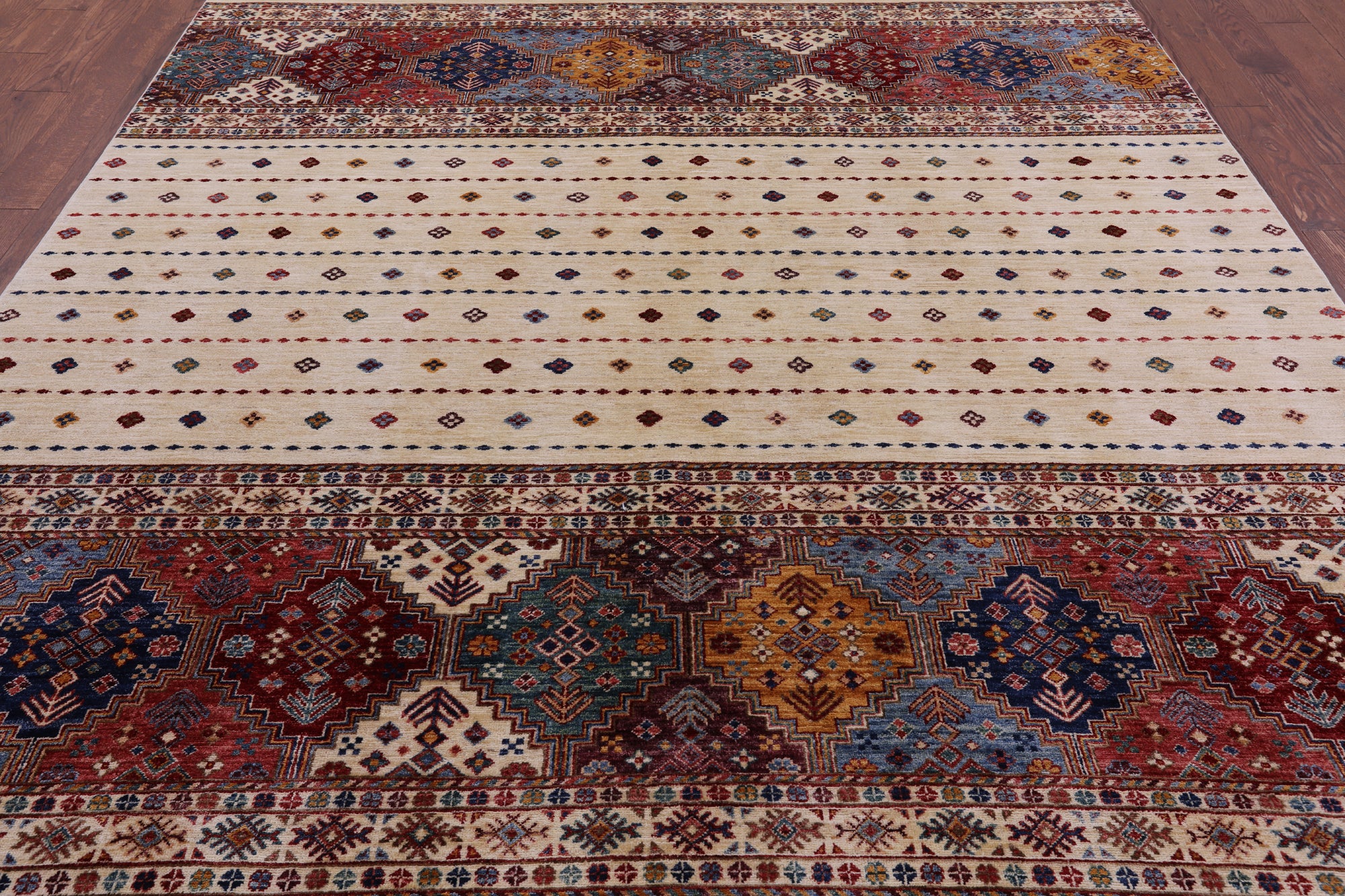 Ivory Khorjin Persian Gabbeh Handmade Wool Rug - 8' 1" X 9' 7" - Golden Nile