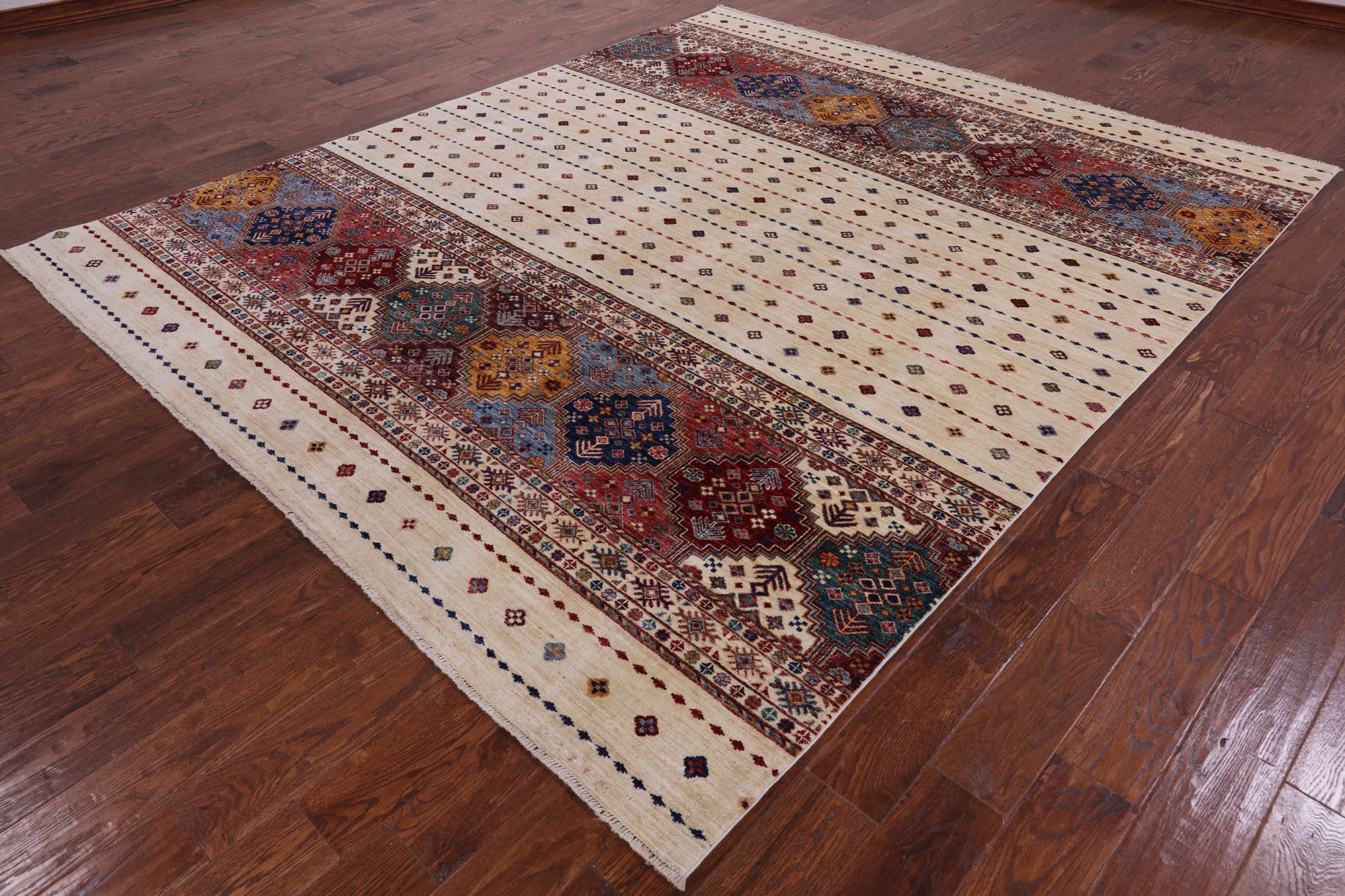 Ivory Khorjin Persian Gabbeh Handmade Wool Rug - 8' 1" X 9' 7" - Golden Nile