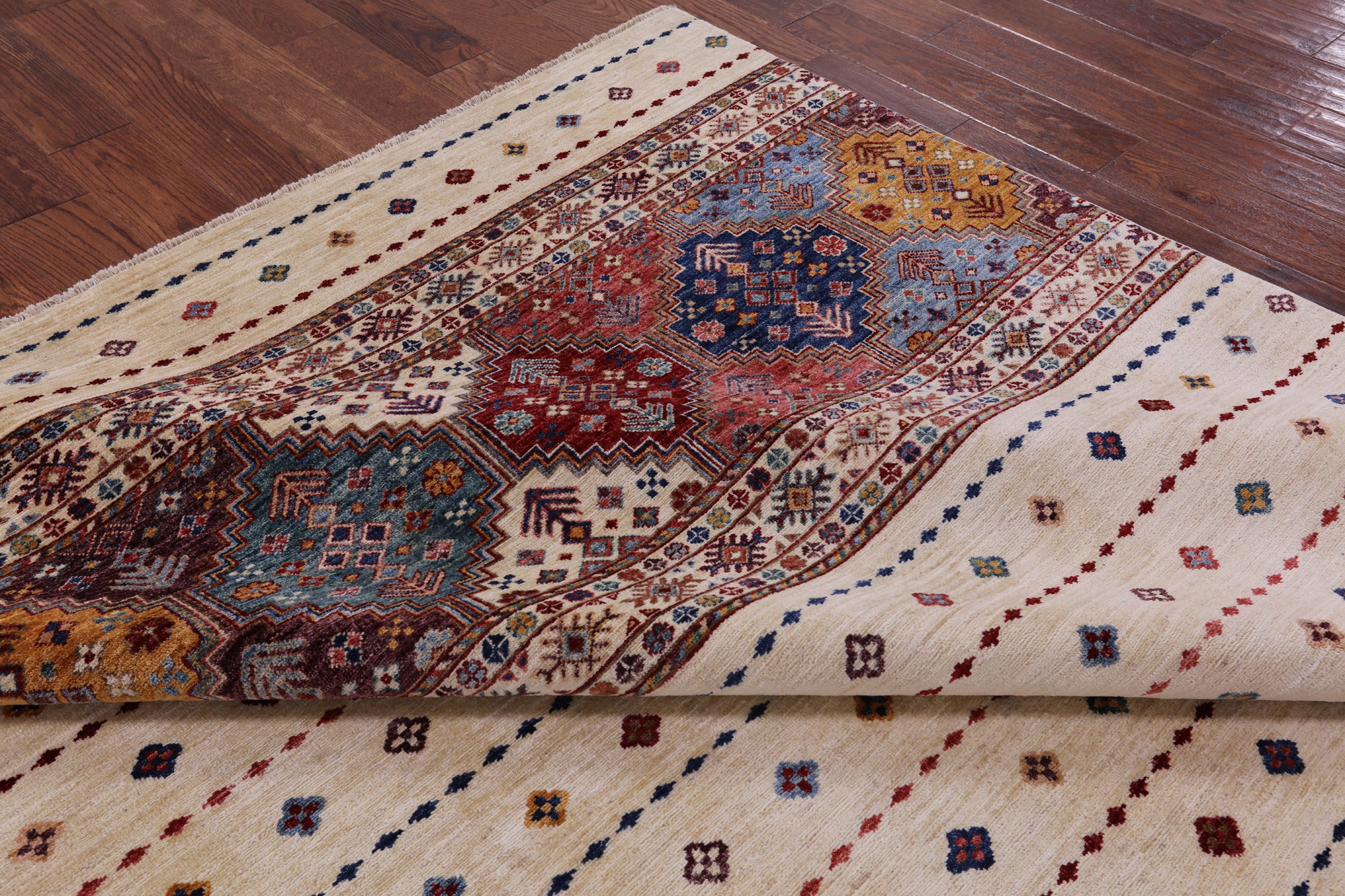 Ivory Khorjin Persian Gabbeh Handmade Wool Rug - 8' 1" X 9' 7" - Golden Nile