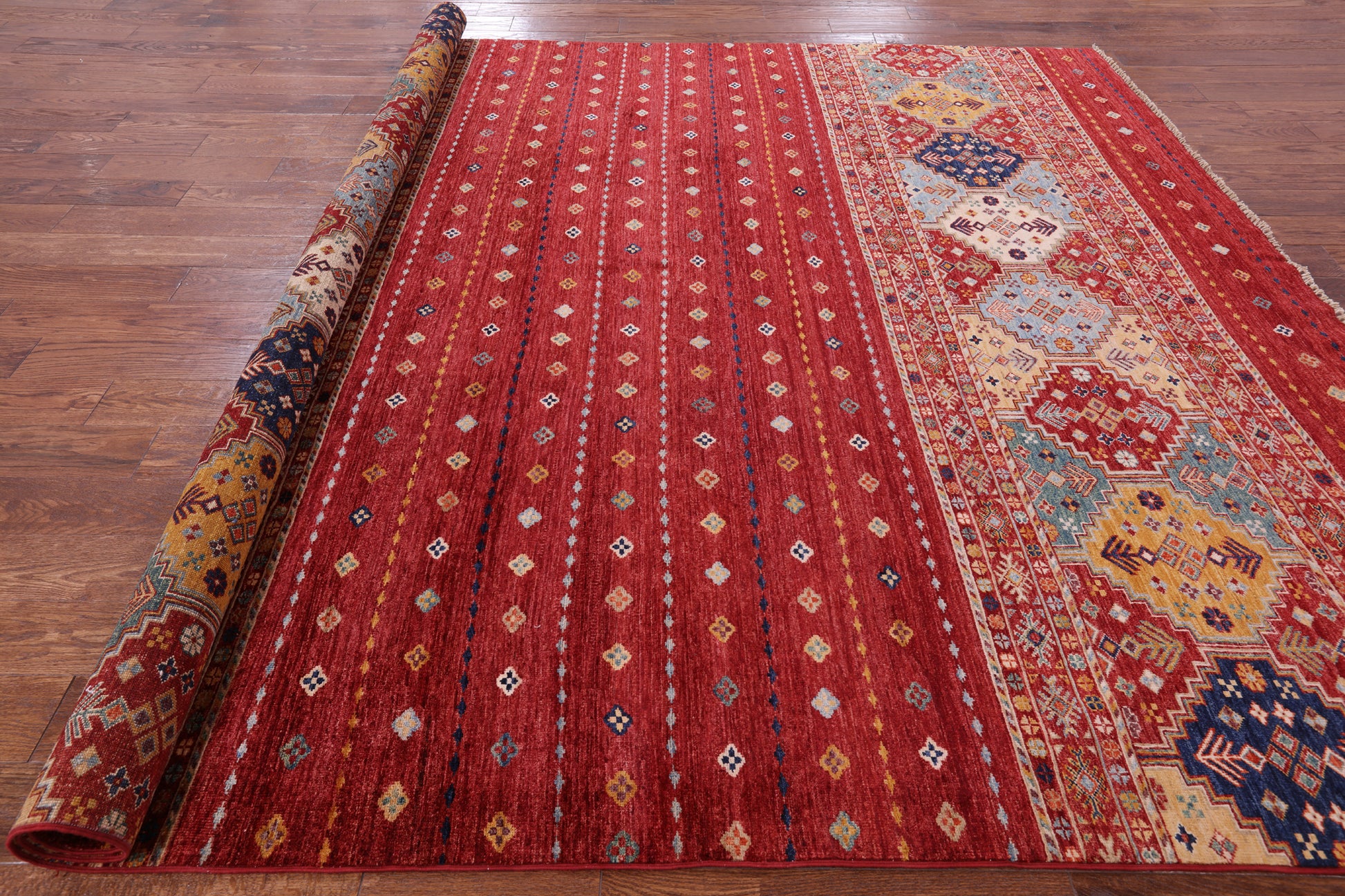 Red Khorjin Persian Gabbeh Hand Knotted Wool Rug - 8' 6" X 9' 9" - Golden Nile