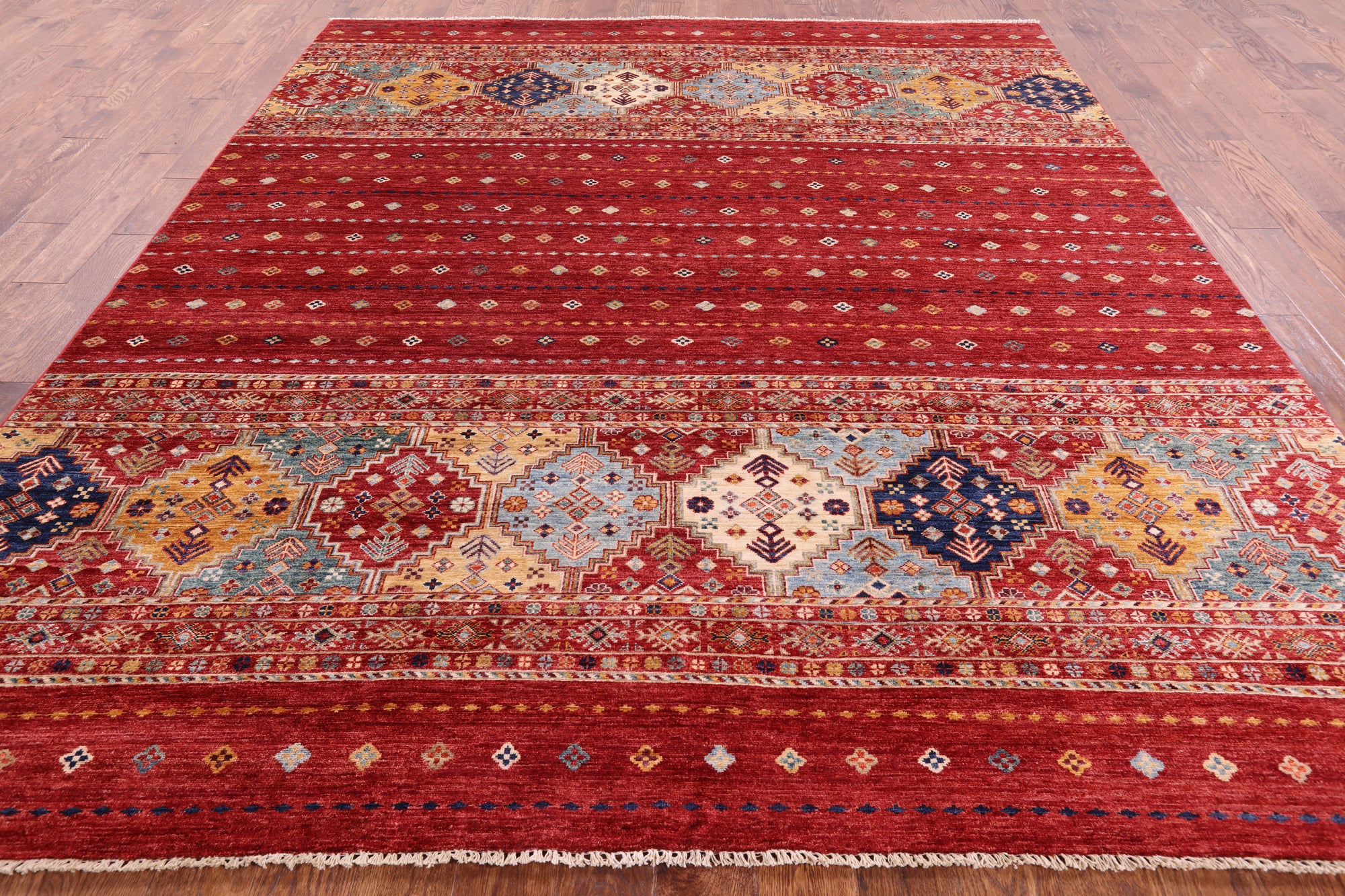 Red Khorjin Persian Gabbeh Hand Knotted Wool Rug - 8' 6" X 9' 9" - Golden Nile