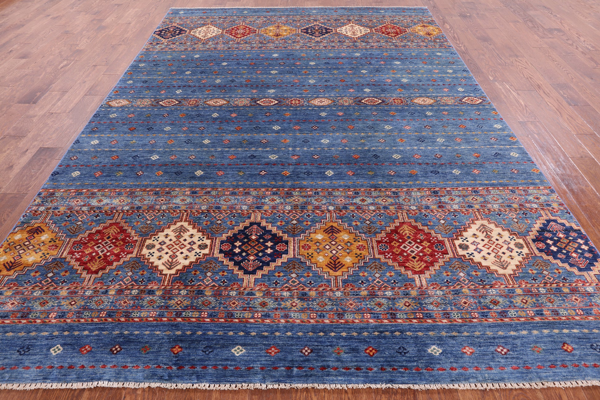 Blue Khorjin Persian Gabbeh Hand Knotted Wool Rug - 7' 11" X 11' 1" - Golden Nile