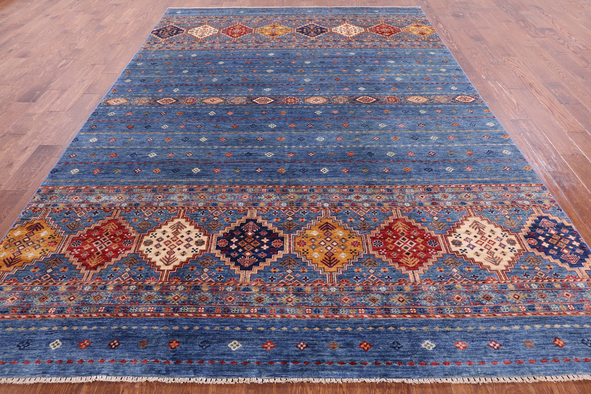 Blue Khorjin Persian Gabbeh Hand Knotted Wool Rug - 7' 11" X 11' 1" - Golden Nile