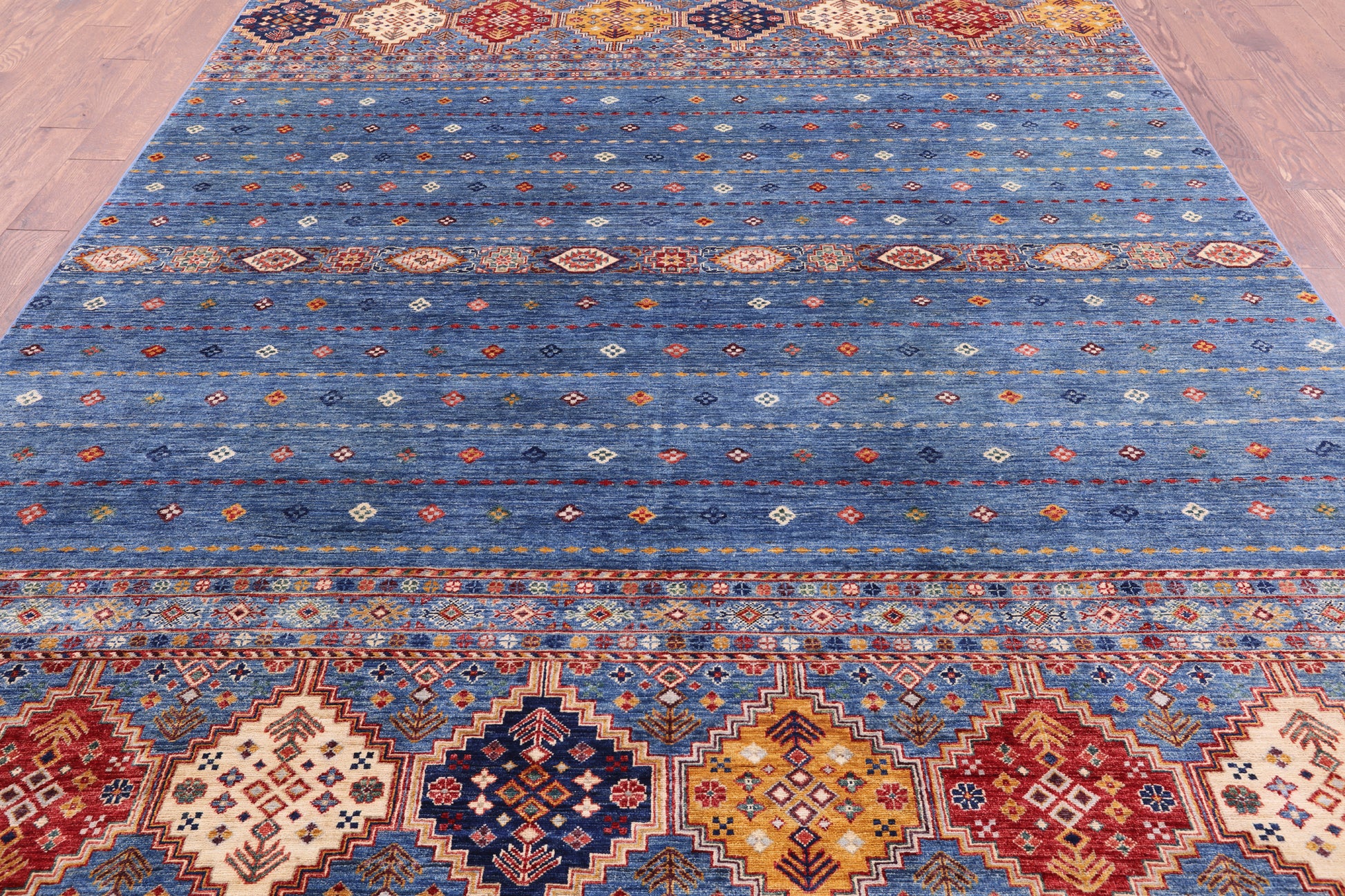 Blue Khorjin Persian Gabbeh Hand Knotted Wool Rug - 7' 11" X 11' 1" - Golden Nile