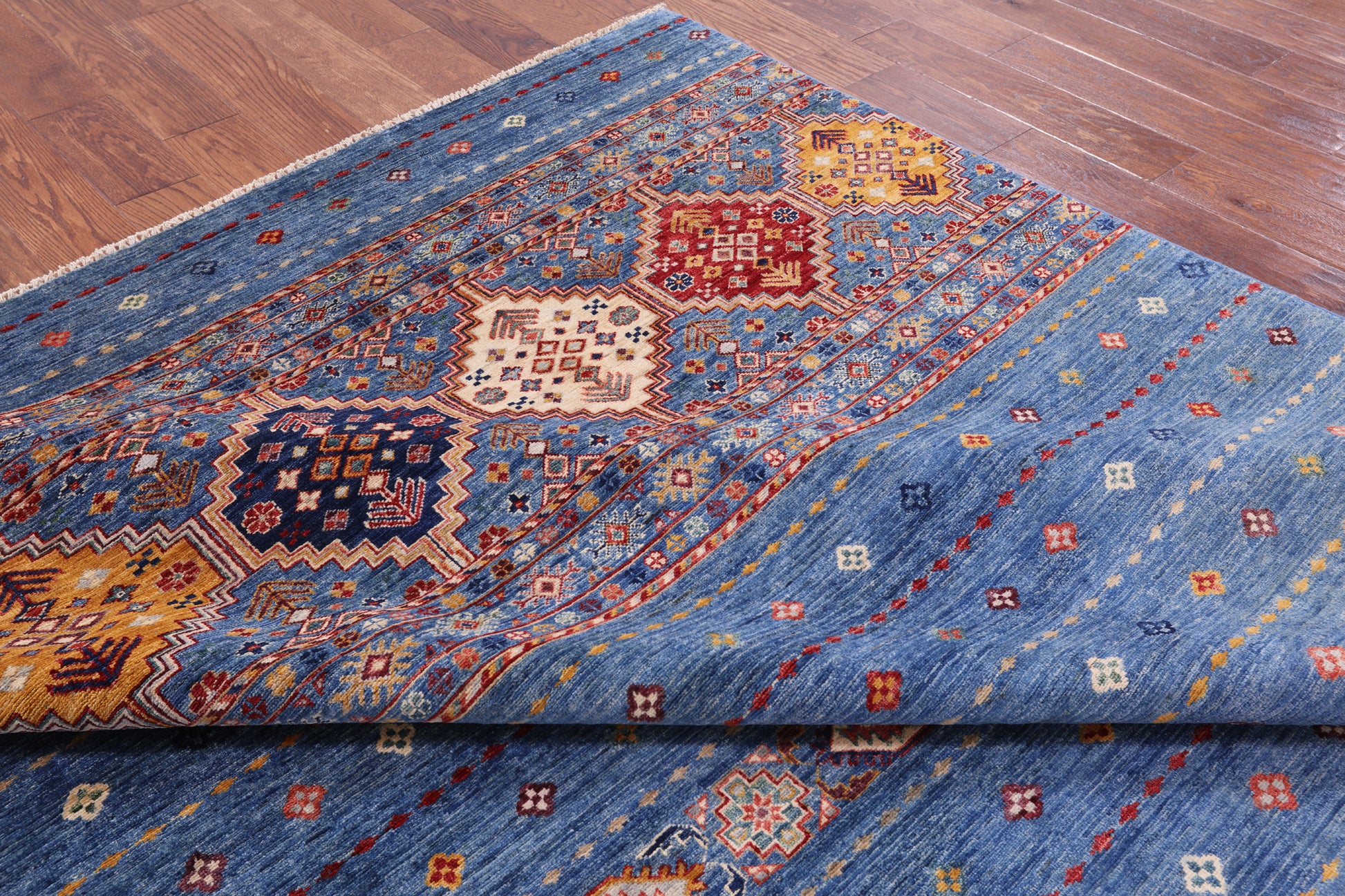 Blue Khorjin Persian Gabbeh Hand Knotted Wool Rug - 7' 11" X 11' 1" - Golden Nile