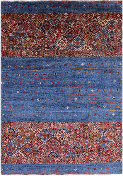 Blue Tribal Khorjin Persian Gabbeh Hand Knotted Wool Rug - 6' 9" X 9' 8" - Golden Nile