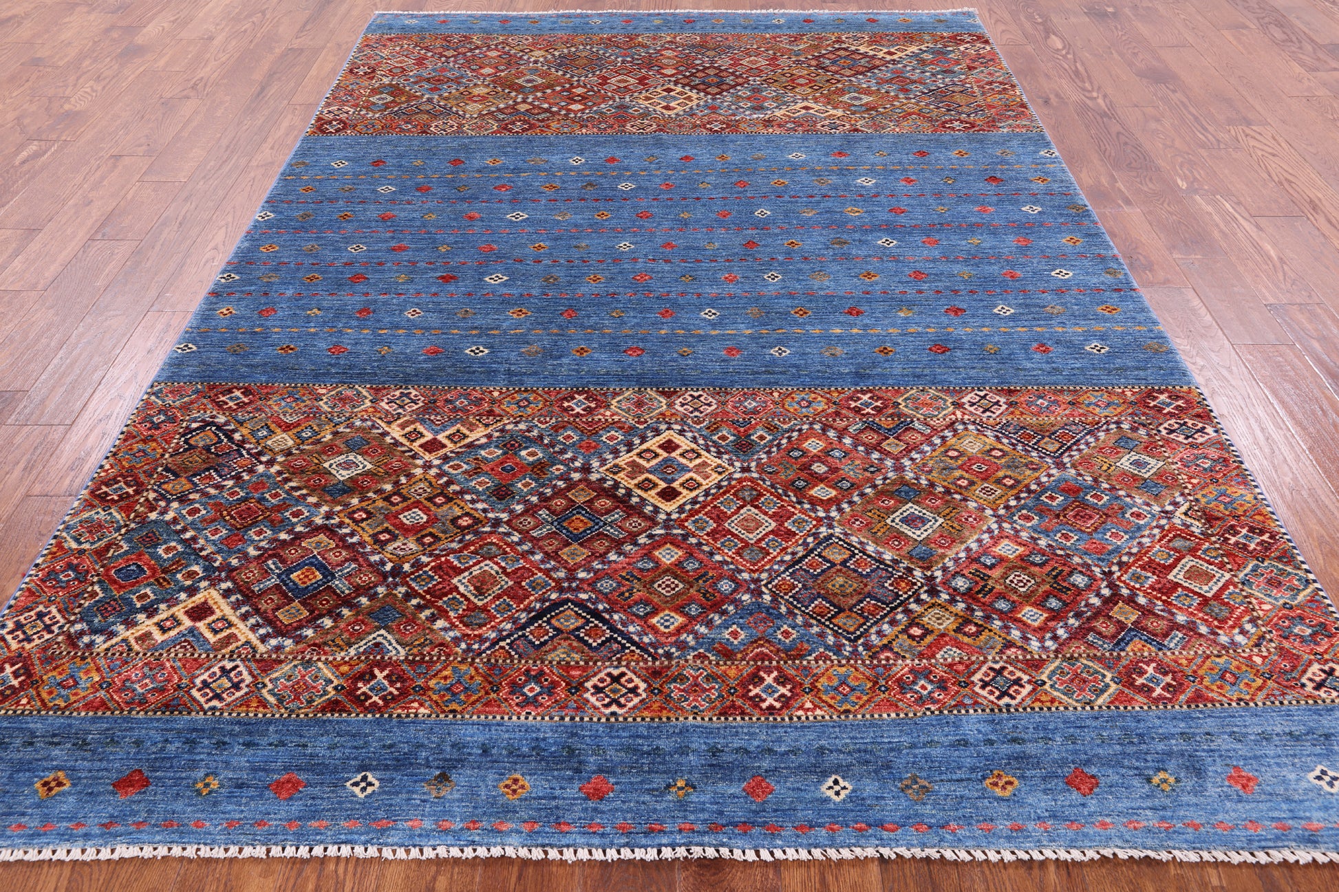 Blue Tribal Khorjin Persian Gabbeh Hand Knotted Wool Rug - 6' 9" X 9' 8" - Golden Nile
