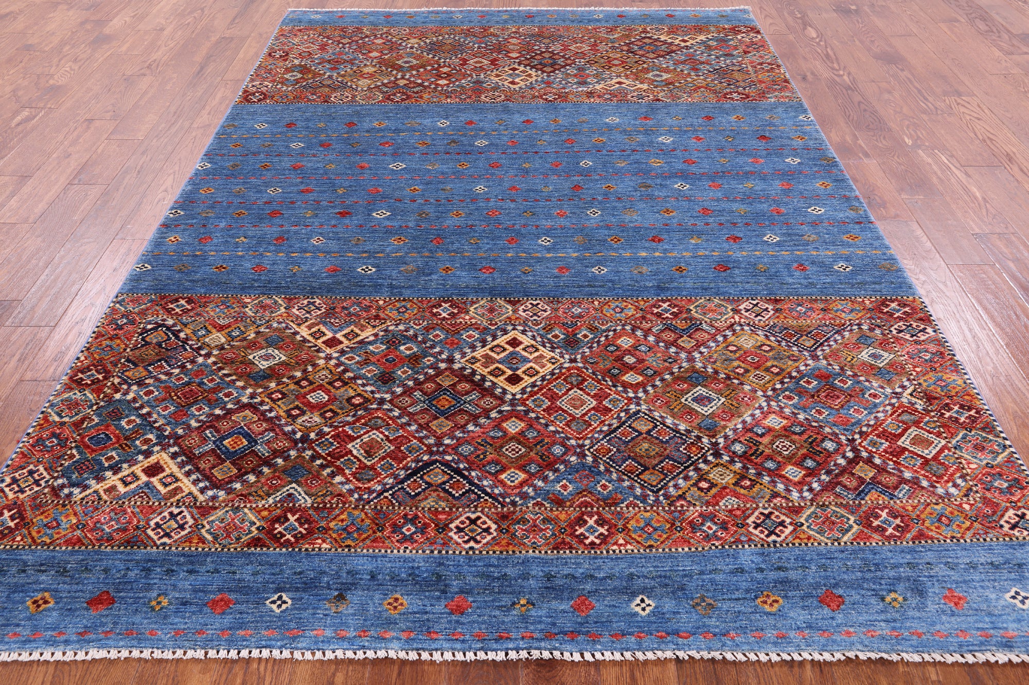 Blue Tribal Khorjin Persian Gabbeh Hand Knotted Wool Rug - 6' 9" X 9' 8" - Golden Nile