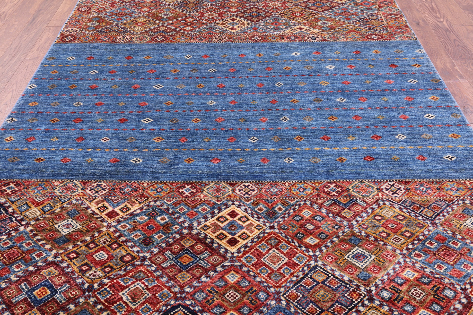 Blue Tribal Khorjin Persian Gabbeh Hand Knotted Wool Rug - 6' 9" X 9' 8" - Golden Nile