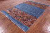 Blue Tribal Khorjin Persian Gabbeh Hand Knotted Wool Rug - 6' 9" X 9' 8" - Golden Nile