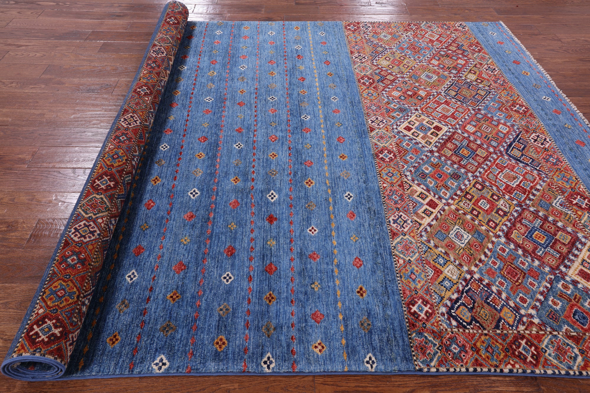 Blue Tribal Khorjin Persian Gabbeh Hand Knotted Wool Rug - 6' 9" X 9' 8" - Golden Nile