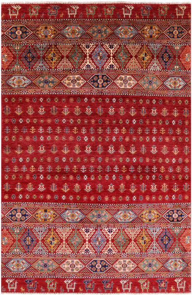 Red Tribal Khorjin Persian Gabbeh Hand Knotted Wool Rug - 6' 7" X 10' 0" - Golden Nile