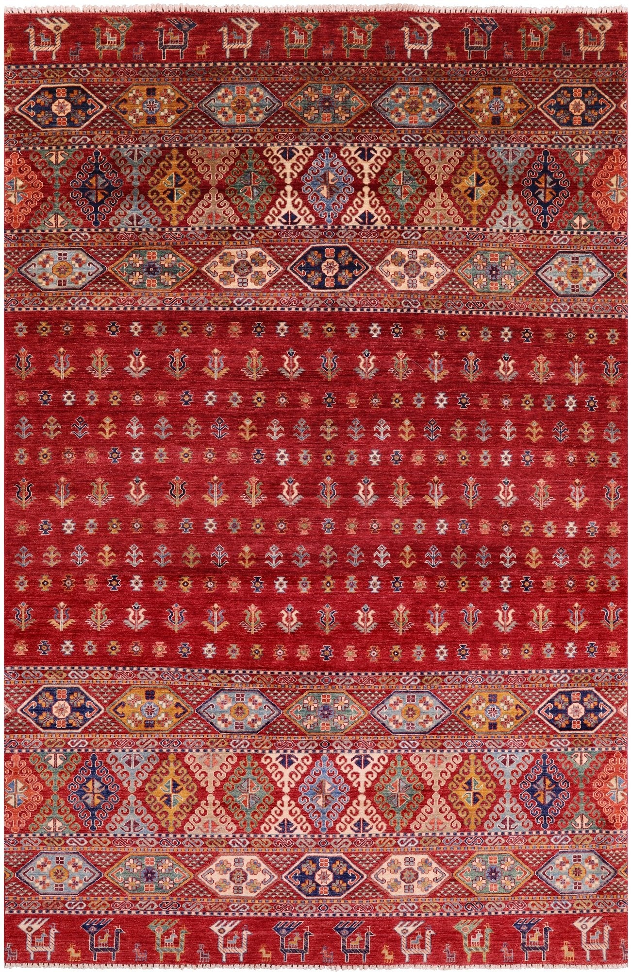 Red Tribal Khorjin Persian Gabbeh Hand Knotted Wool Rug - 6' 7" X 10' 0" - Golden Nile