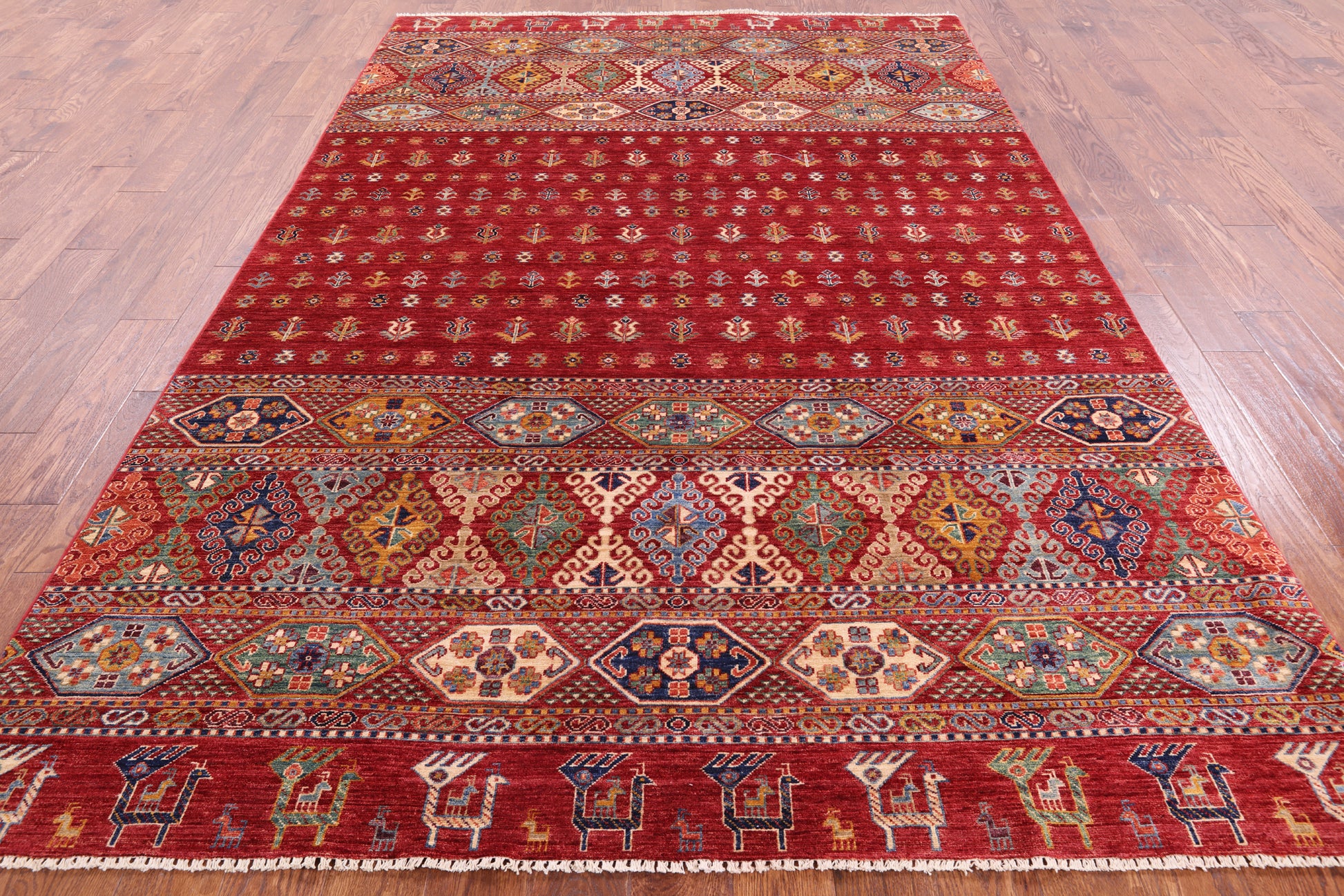 Red Tribal Khorjin Persian Gabbeh Hand Knotted Wool Rug - 6' 7" X 10' 0" - Golden Nile