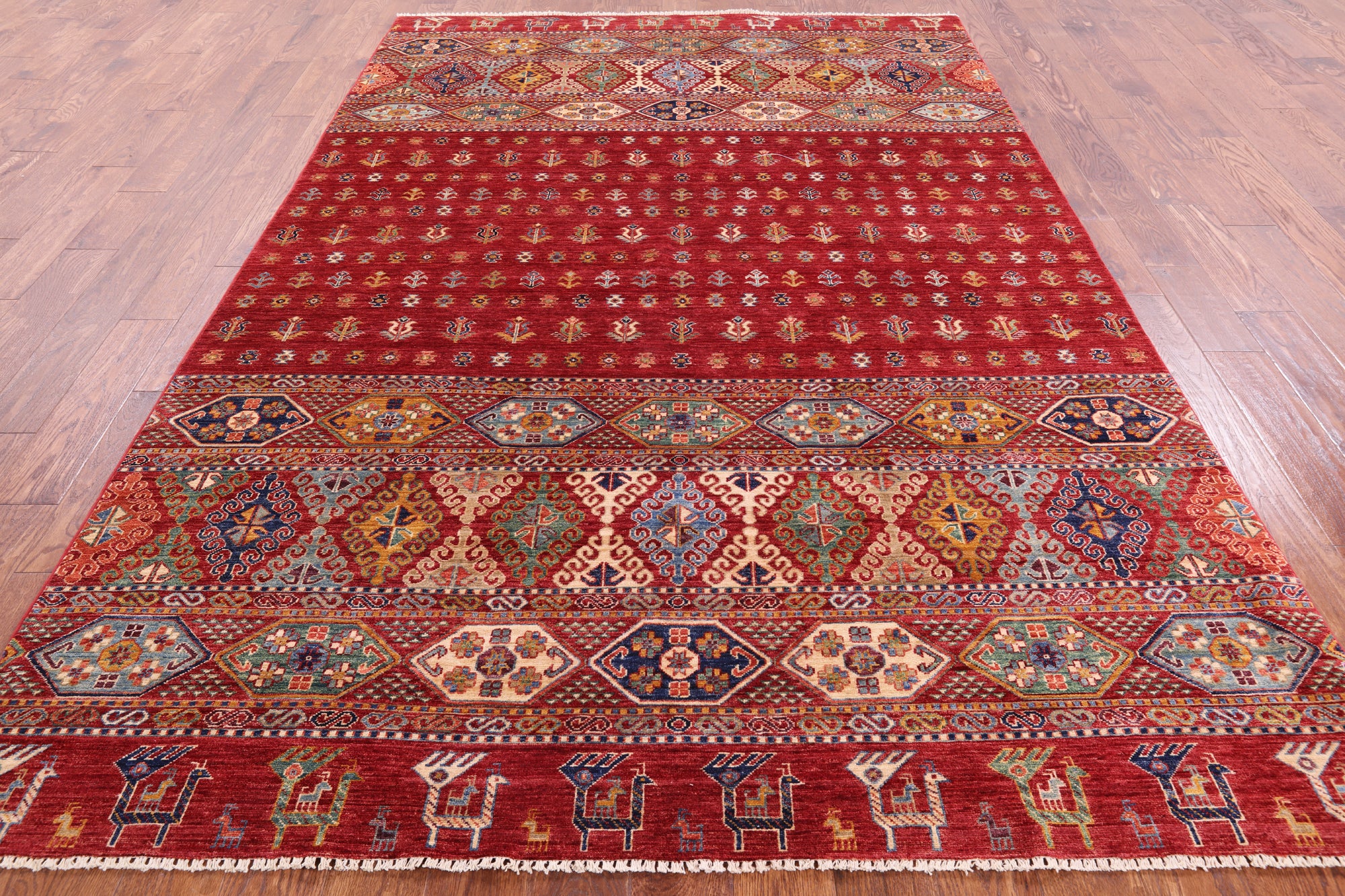 Red Tribal Khorjin Persian Gabbeh Hand Knotted Wool Rug - 6' 7" X 10' 0" - Golden Nile
