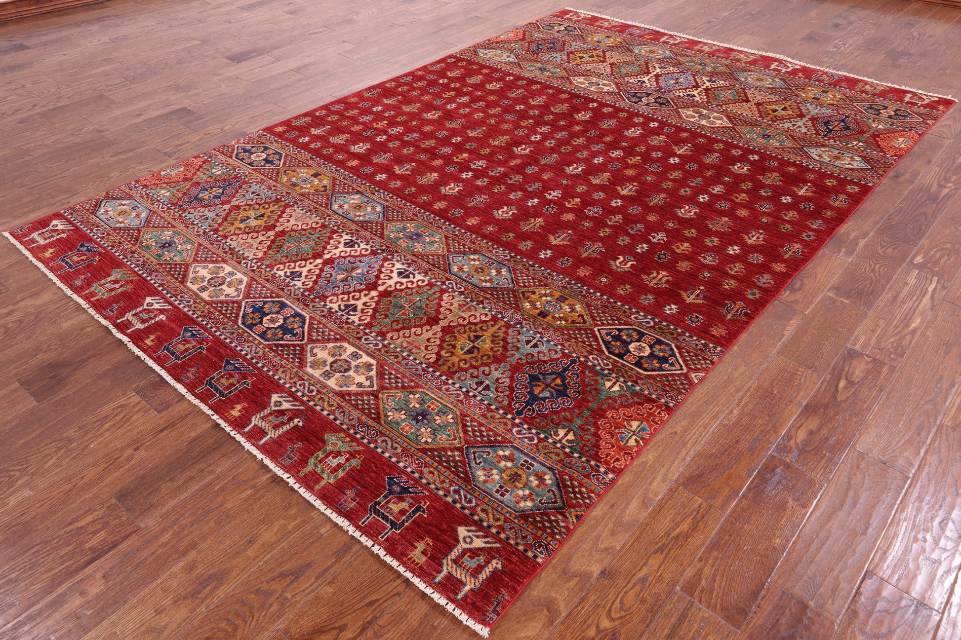 Red Tribal Khorjin Persian Gabbeh Hand Knotted Wool Rug - 6' 7" X 10' 0" - Golden Nile