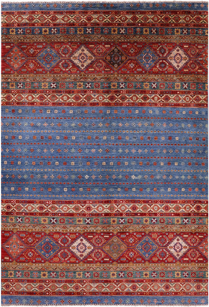 Blue Khorjin Persian Gabbeh Handmade Wool Rug - 6' 8" X 9' 7" - Golden Nile