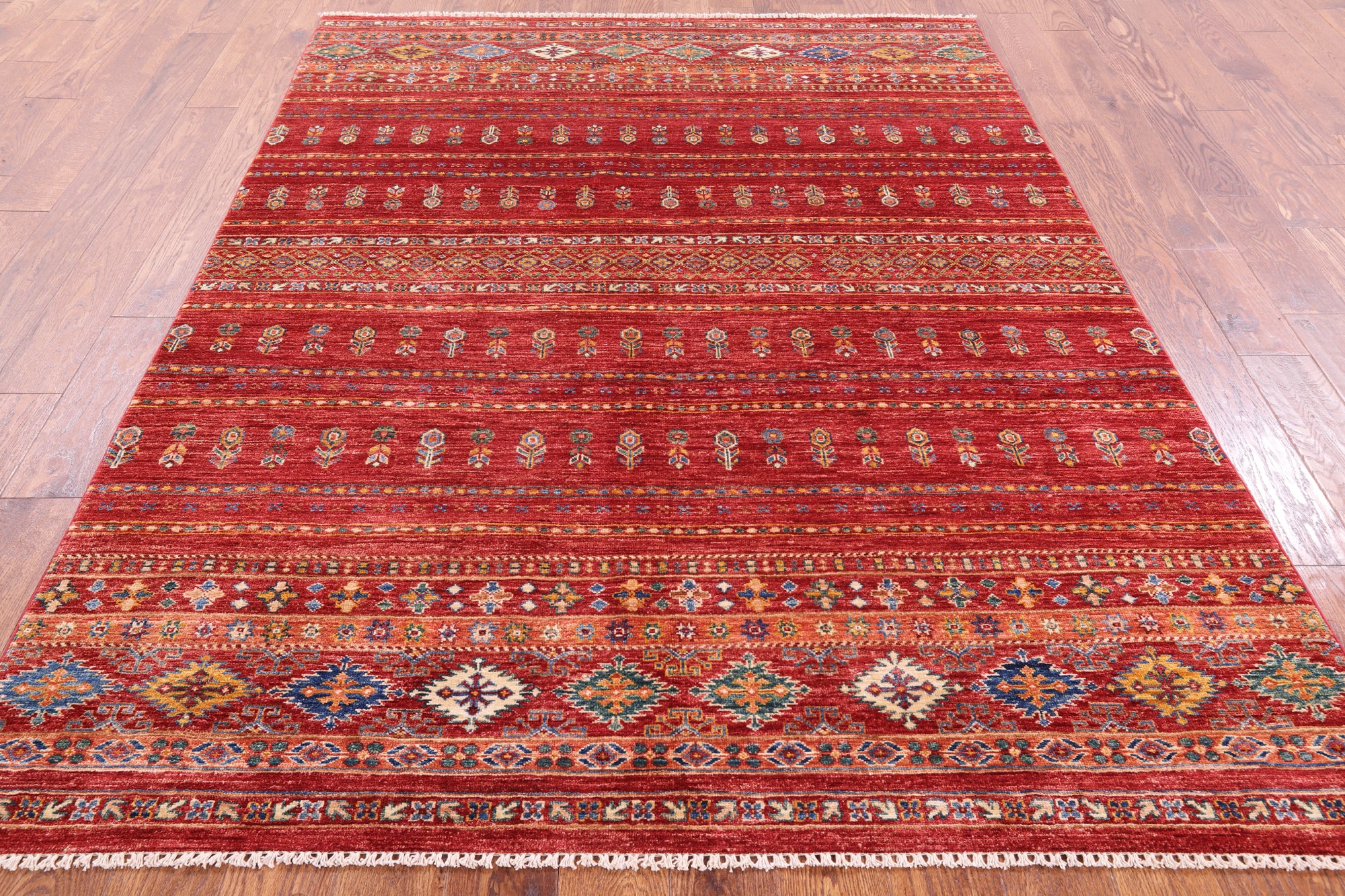 Red Khorjin Persian Gabbeh Handmade Wool Rug - 5' 10" X 7' 10" - Golden Nile