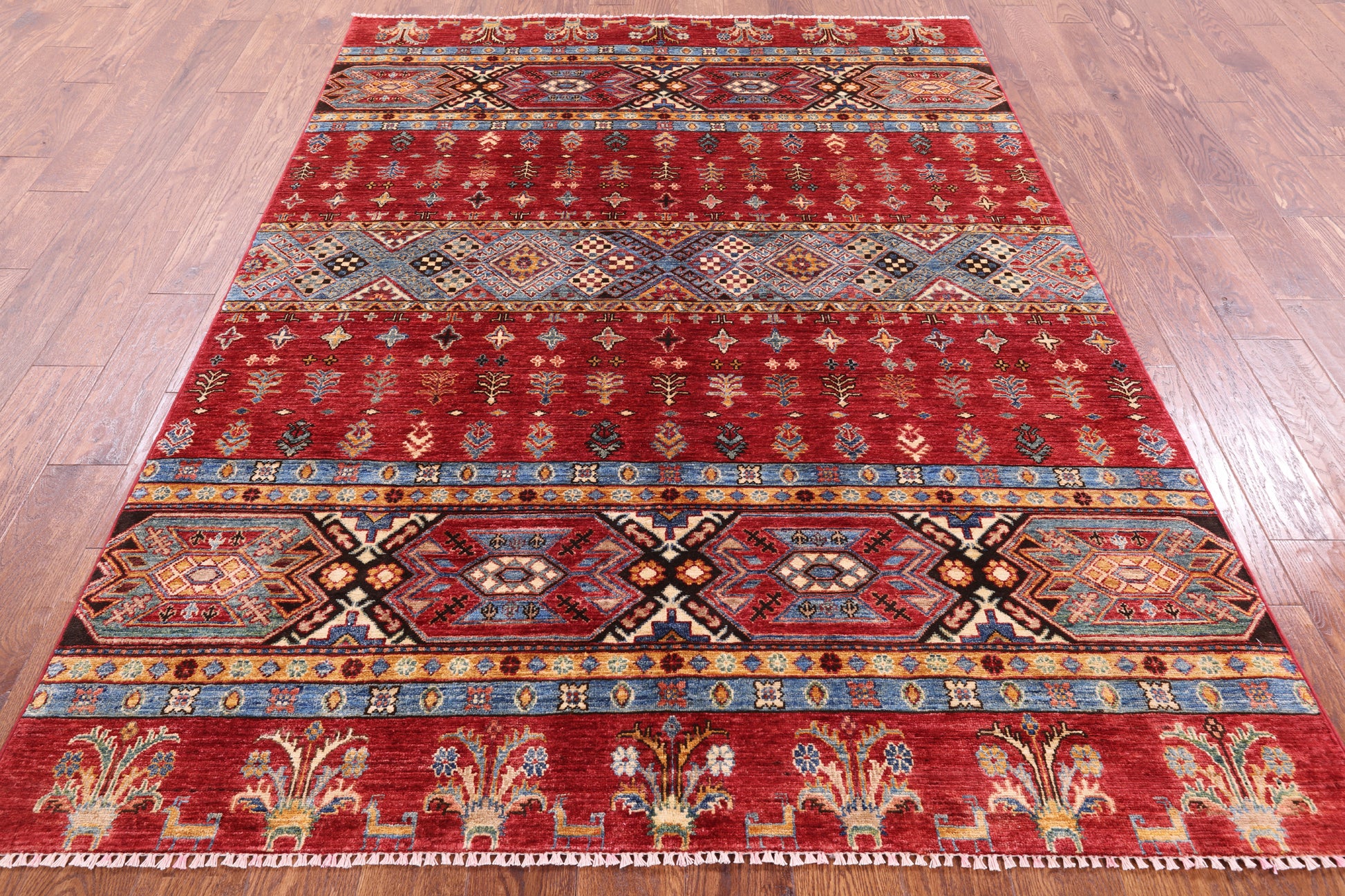 Red Tribal Khorjin Persian Gabbeh Hand Knotted Wool Rug - 5' 6" X 7' 9" - Golden Nile