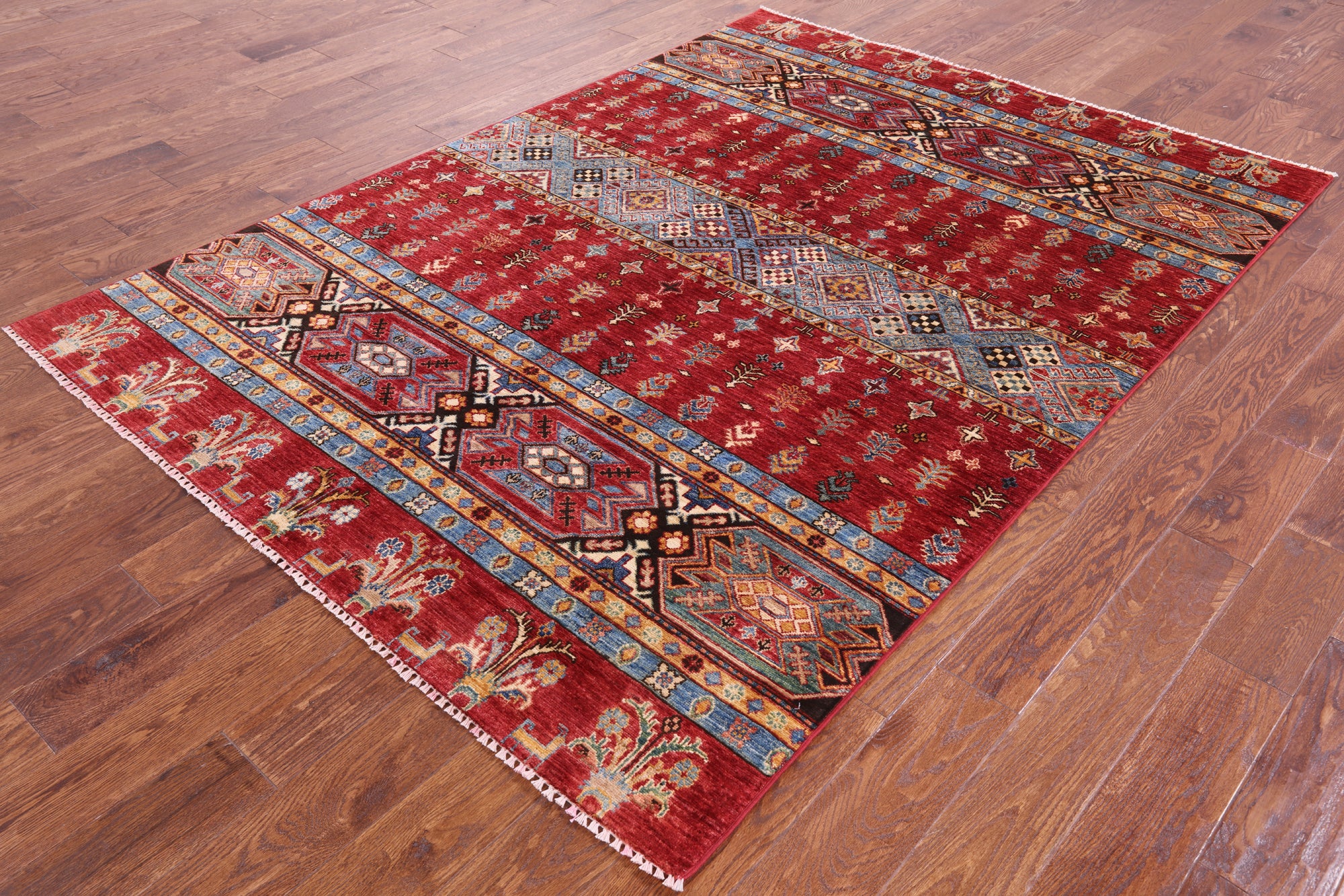 Red Tribal Khorjin Persian Gabbeh Hand Knotted Wool Rug - 5' 6" X 7' 9" - Golden Nile