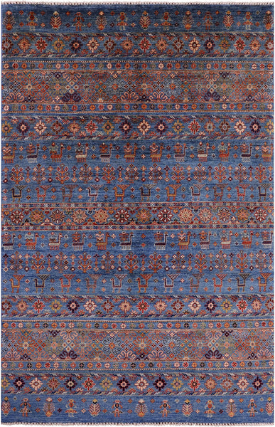 Blue Tribal Persian Gabbeh Hand Knotted Wool Rug - 5' 6" X 8' 5" - Golden Nile