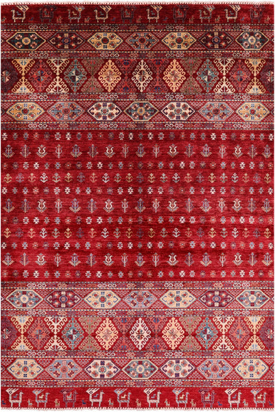 Red Tribal Persian Gabbeh Hand Knotted Wool Rug - 6' 6" X 9' 9" - Golden Nile