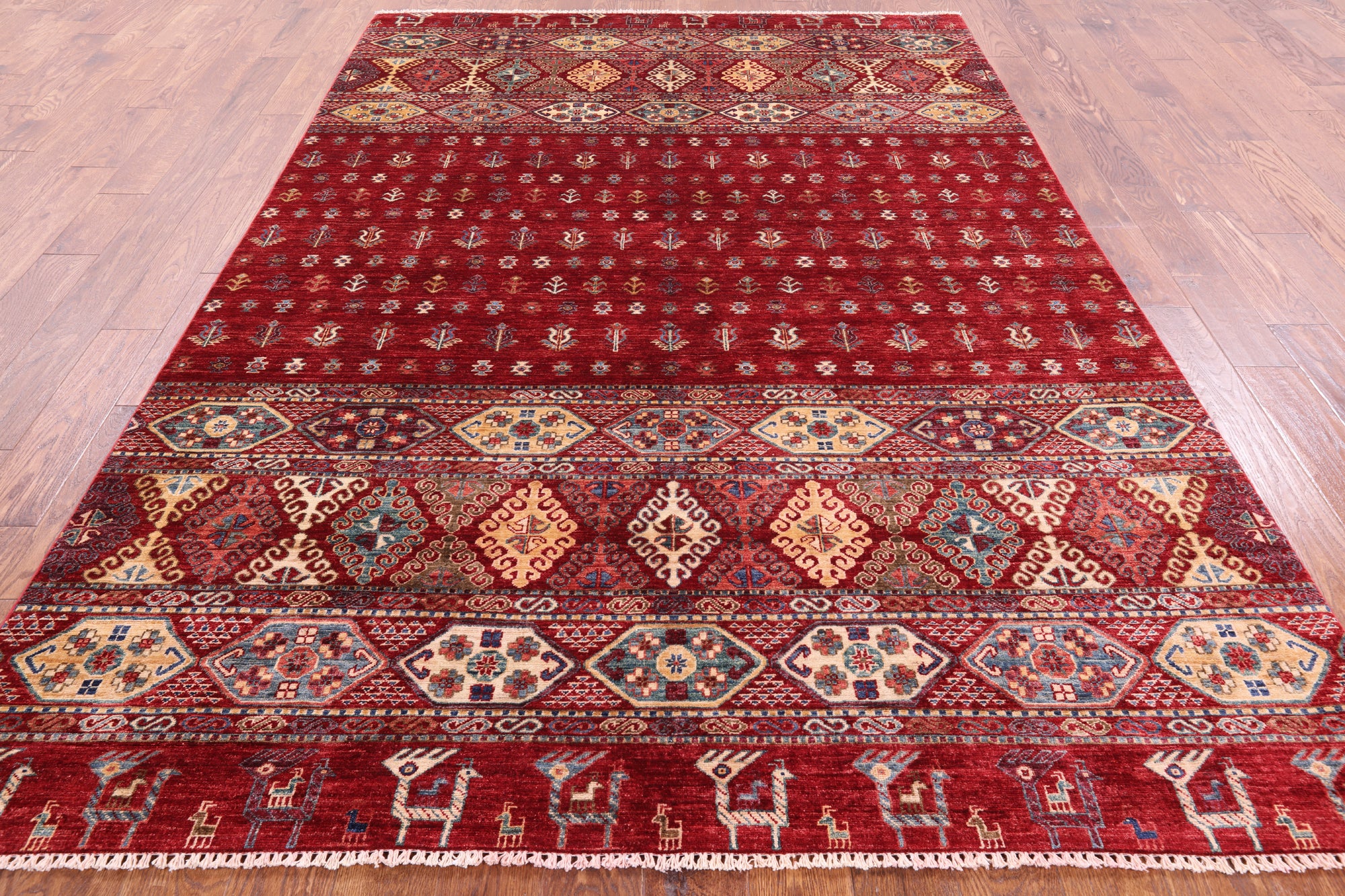 Red Tribal Persian Gabbeh Hand Knotted Wool Rug - 6' 6" X 9' 9" - Golden Nile