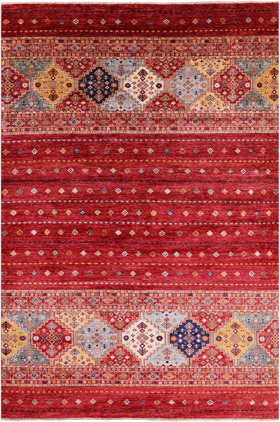 Red Khorjin Persian Gabbeh Handmade Wool Rug - 6' 8" X 9' 10" - Golden Nile