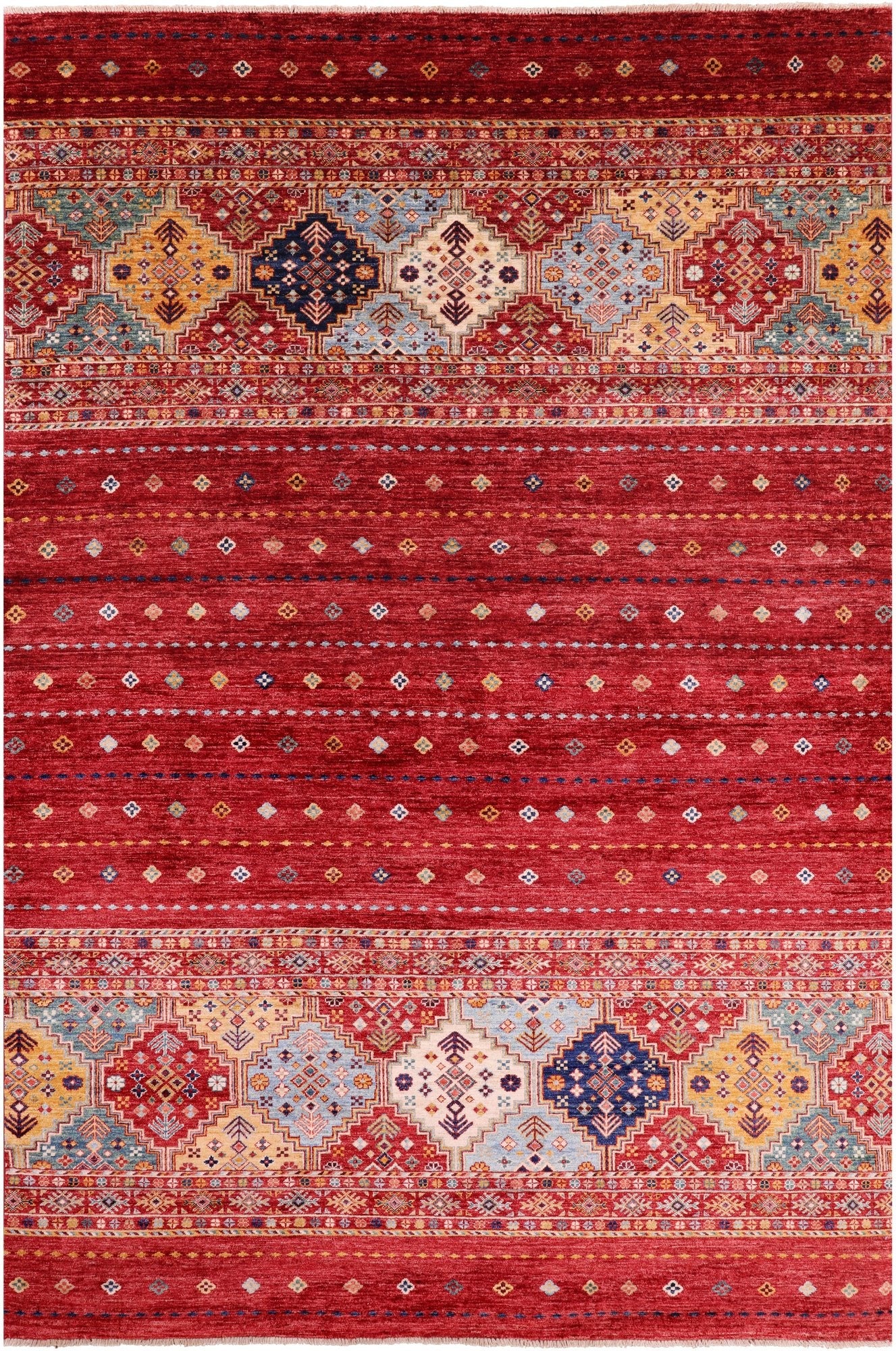 Red Khorjin Persian Gabbeh Handmade Wool Rug - 6' 8" X 9' 10" - Golden Nile