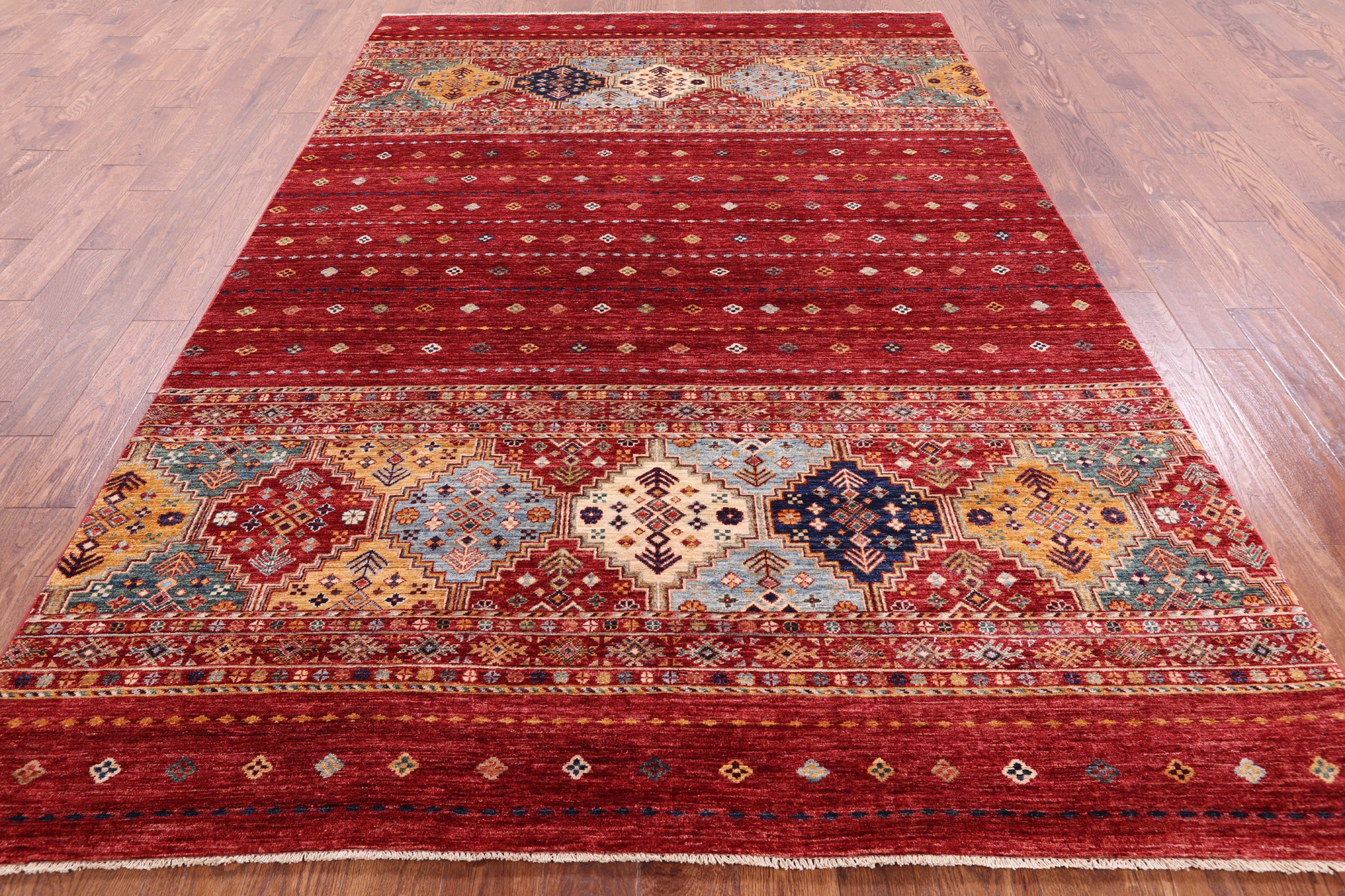 Red Khorjin Persian Gabbeh Handmade Wool Rug - 6' 8" X 9' 10" - Golden Nile