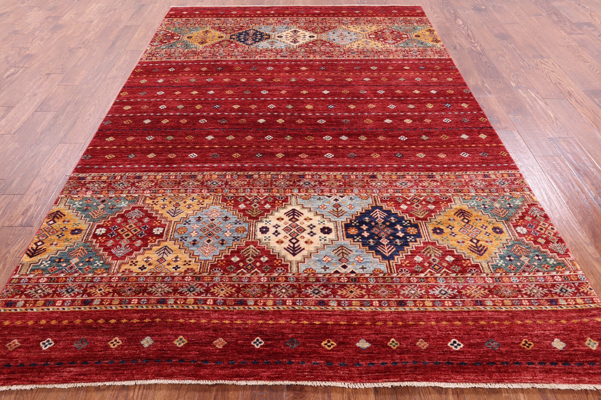 Red Khorjin Persian Gabbeh Handmade Wool Rug - 6' 8" X 9' 10" - Golden Nile