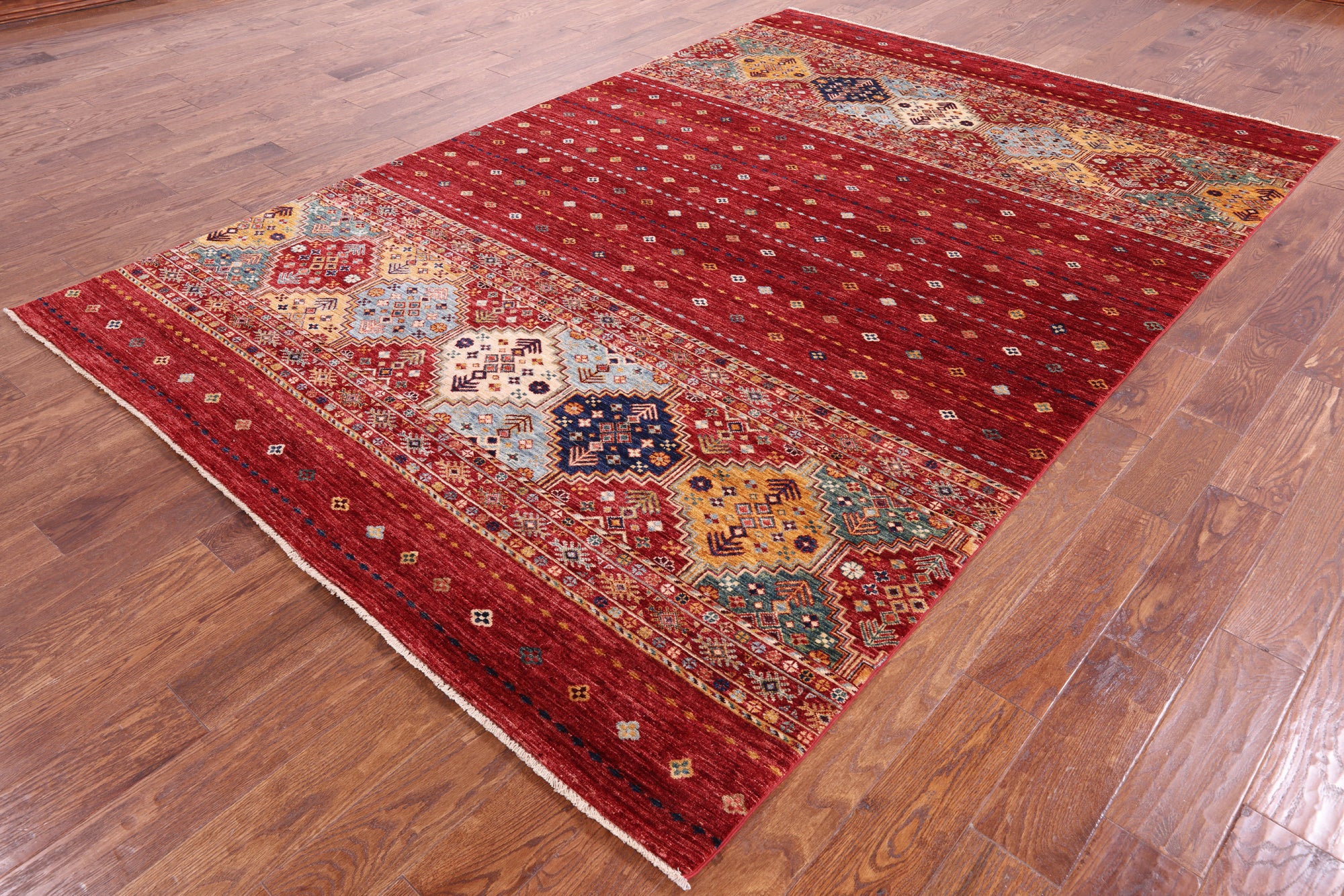 Red Khorjin Persian Gabbeh Handmade Wool Rug - 6' 8" X 9' 10" - Golden Nile