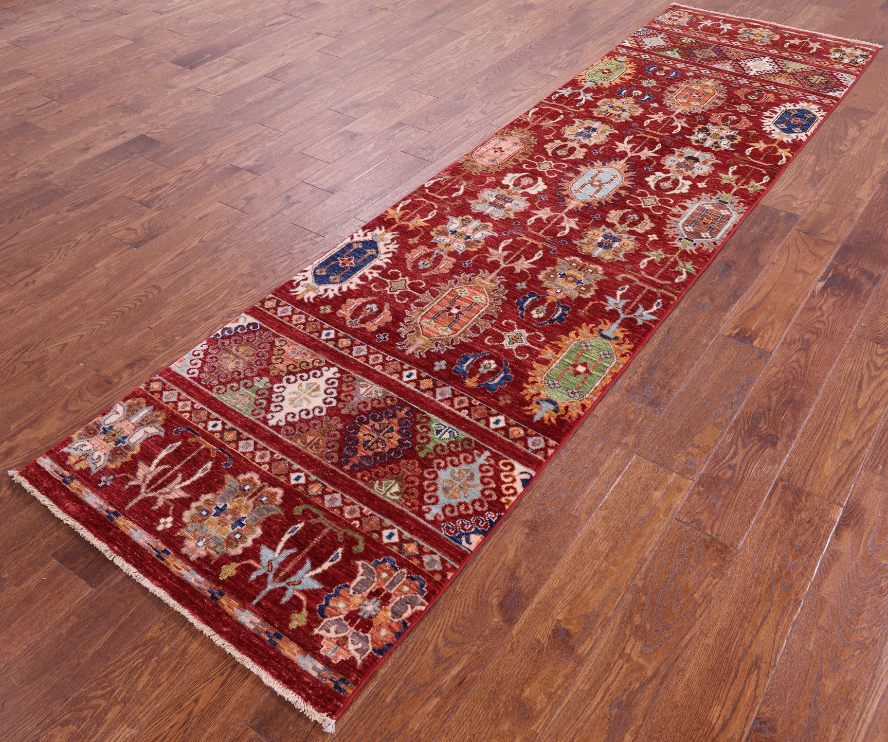 Red Khorjin Persian Gabbeh Hand Knotted Wool Runner Rug - 2' 9" X 10' 5" - Golden Nile