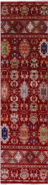 Red Khorjin Persian Gabbeh Hand Knotted Wool Runner Rug - 2' 9" X 10' 5" - Golden Nile