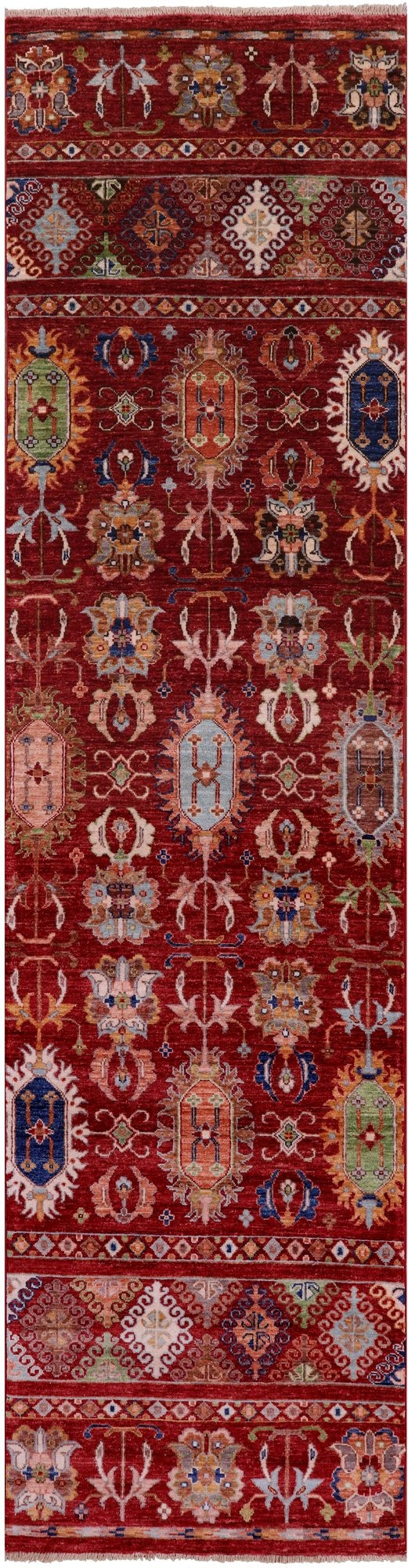 Red Khorjin Persian Gabbeh Hand Knotted Wool Runner Rug - 2' 9" X 10' 5" - Golden Nile