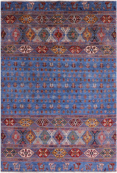 Blue Persian Gabbeh Tribal Handmade Wool Rug - 6' 5" X 9' 7" - Golden Nile