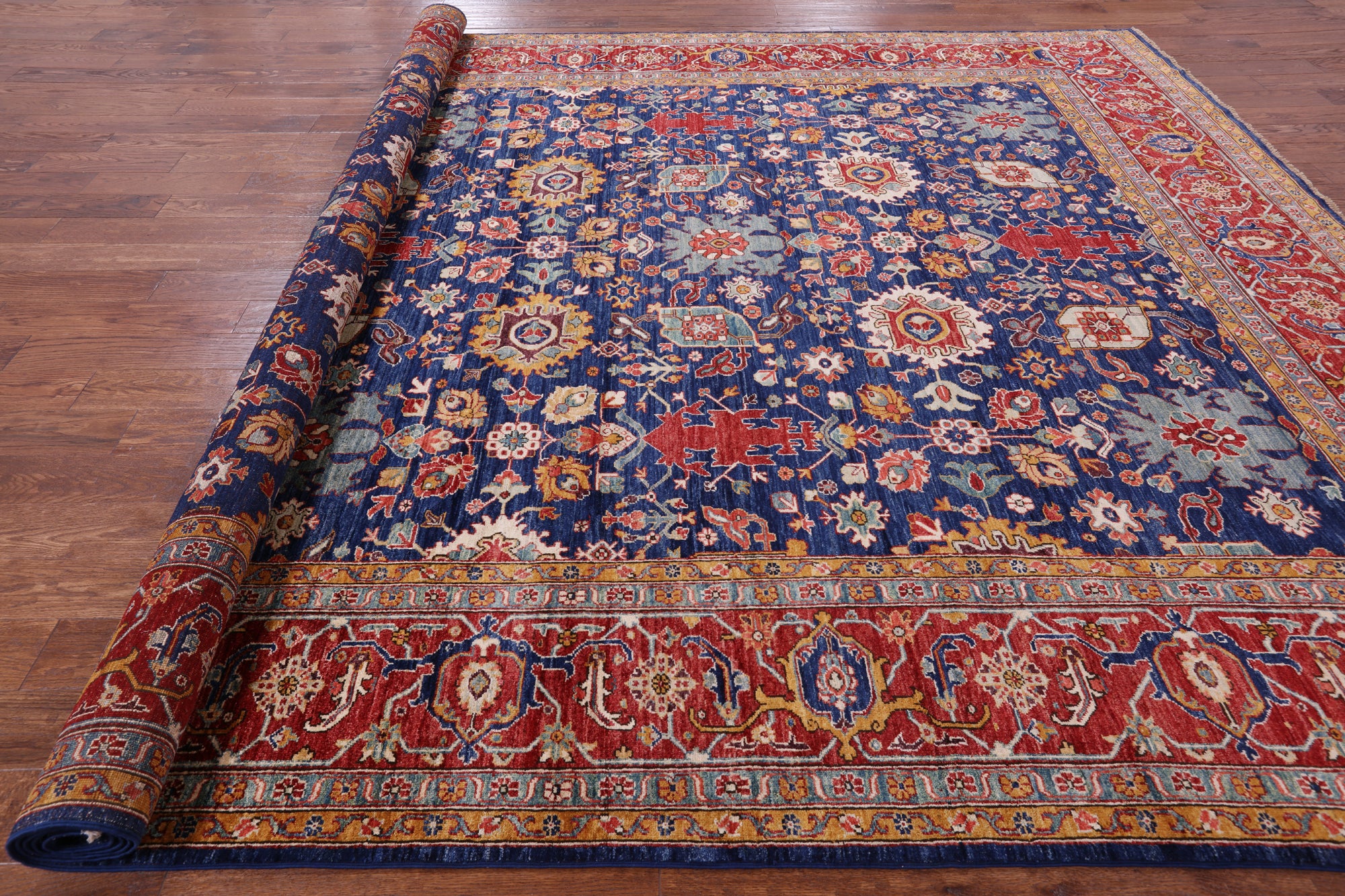 Blue Persian Fine Serapi Hand Knotted Wool Rug - 9' 10" X 13' 7" - Golden Nile