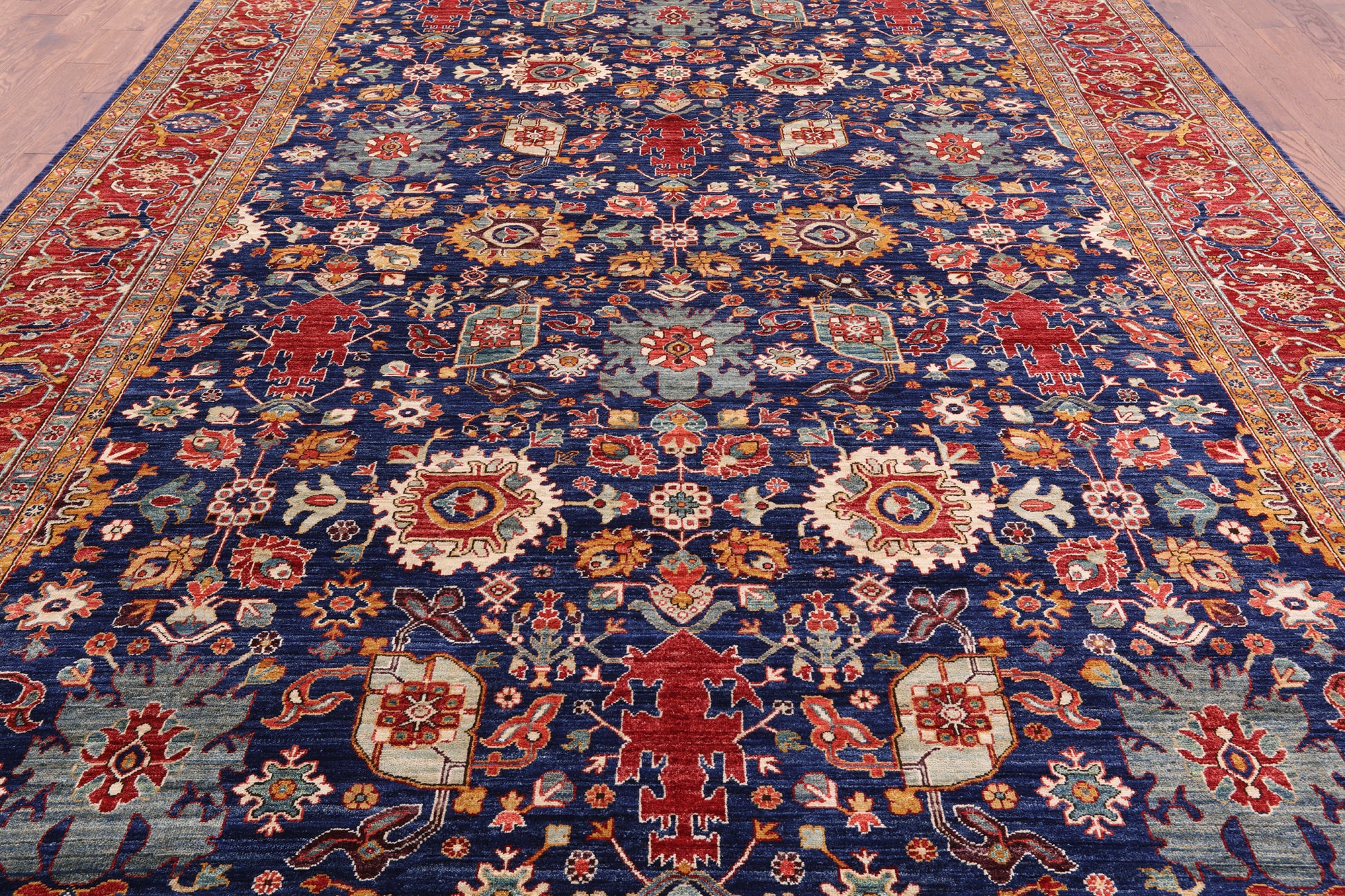 Blue Persian Fine Serapi Hand Knotted Wool Rug - 9' 10" X 13' 7" - Golden Nile