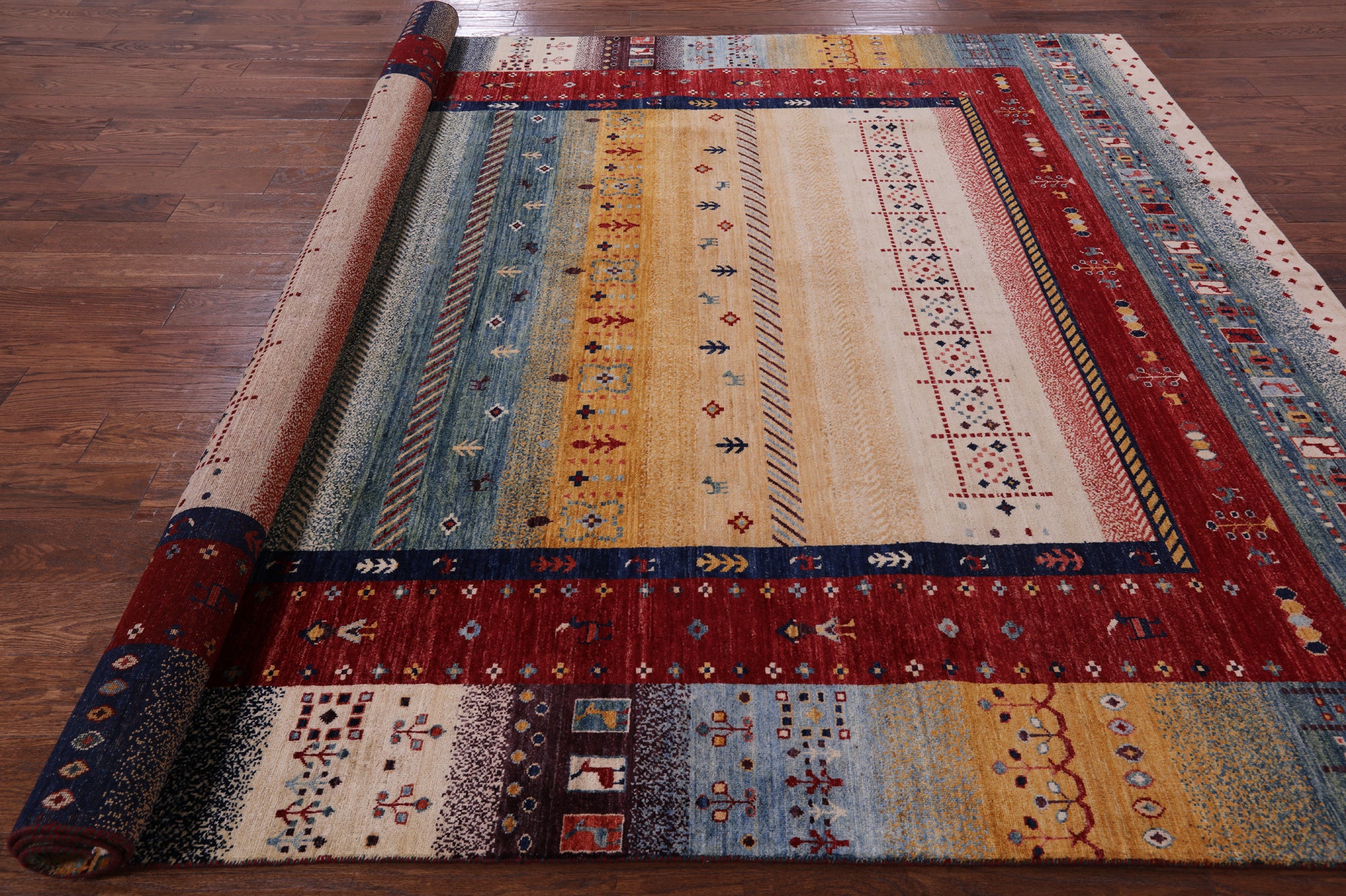 Tribal Persian Gabbeh Handmade Wool Rug - 8' 2" X 9' 7" - Golden Nile