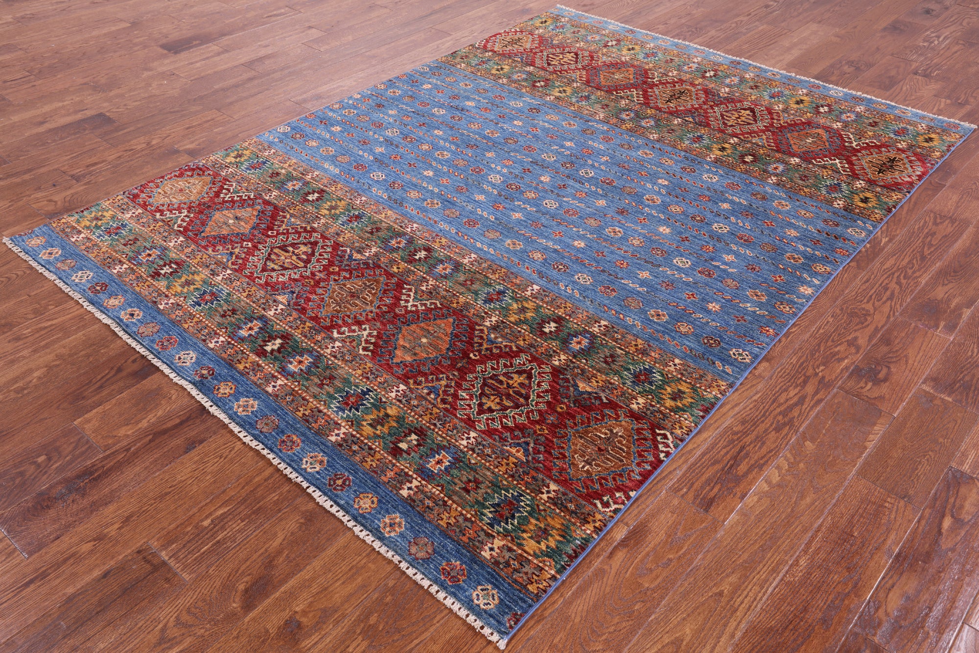 Blue Tribal Khorjin Persian Gabbeh Hand Knotted Wool Rug - 5' 8" X 7' 10" - Golden Nile