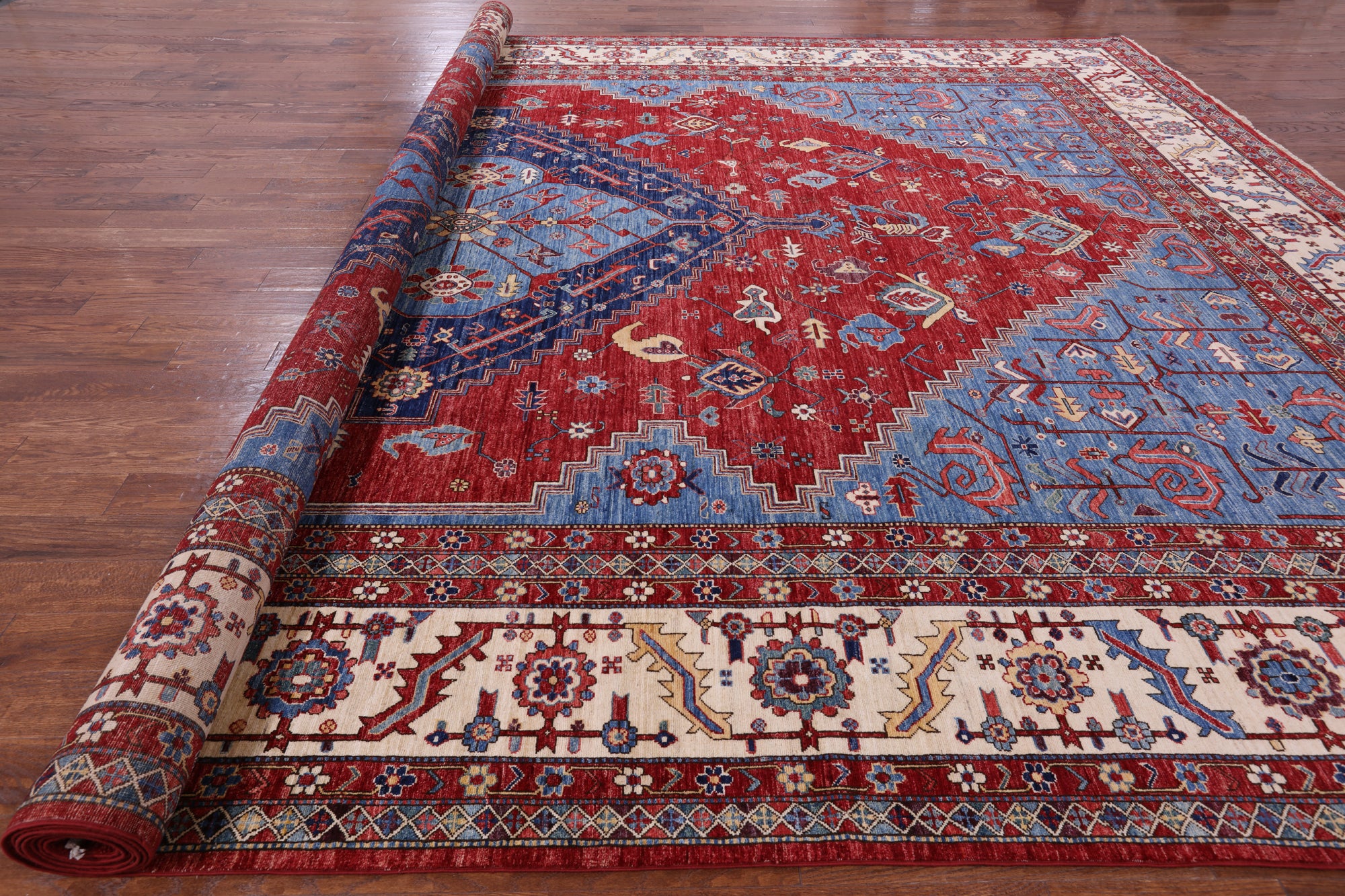 Red Persian Fine Serapi Hand Knotted Wool Rug - 13' 5" X 19' 1" - Golden Nile